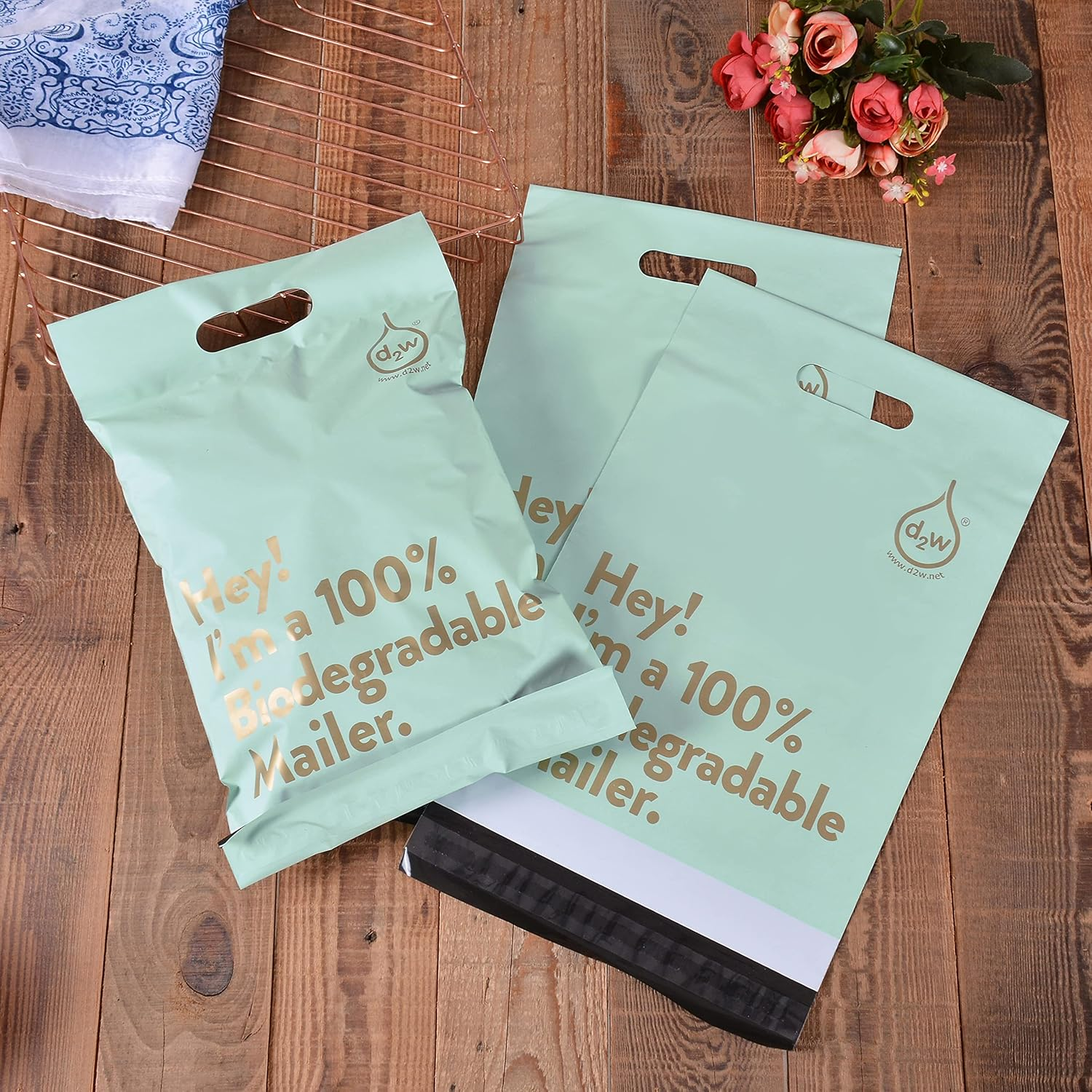 10X13 Inches 100% Biodegradable D2W Poly Mailers with Handle, 50Pcs Mint Compostable Envelopes Shipping Bags, Eco Friendly Waterproof Stretchable Self Sealing Mailing Bags image number 2