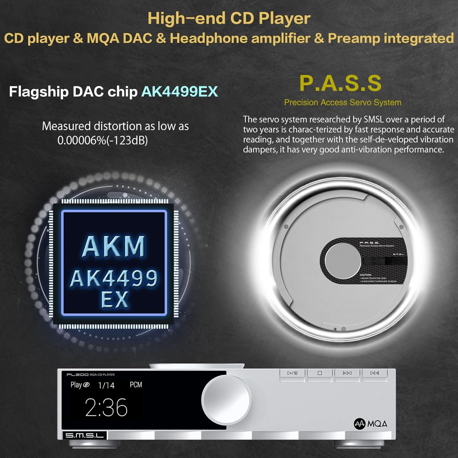 SMSL PL200 MQA CD Player DAC AK4499EX Chip USB Bluetooth 5.1 Headphone Amplifier Supports 32Bit/768Khz DSD512 USB/CD Player Input Fully Balanced Decoding DAC Preamp,With Remote Control (Silver) image number 5