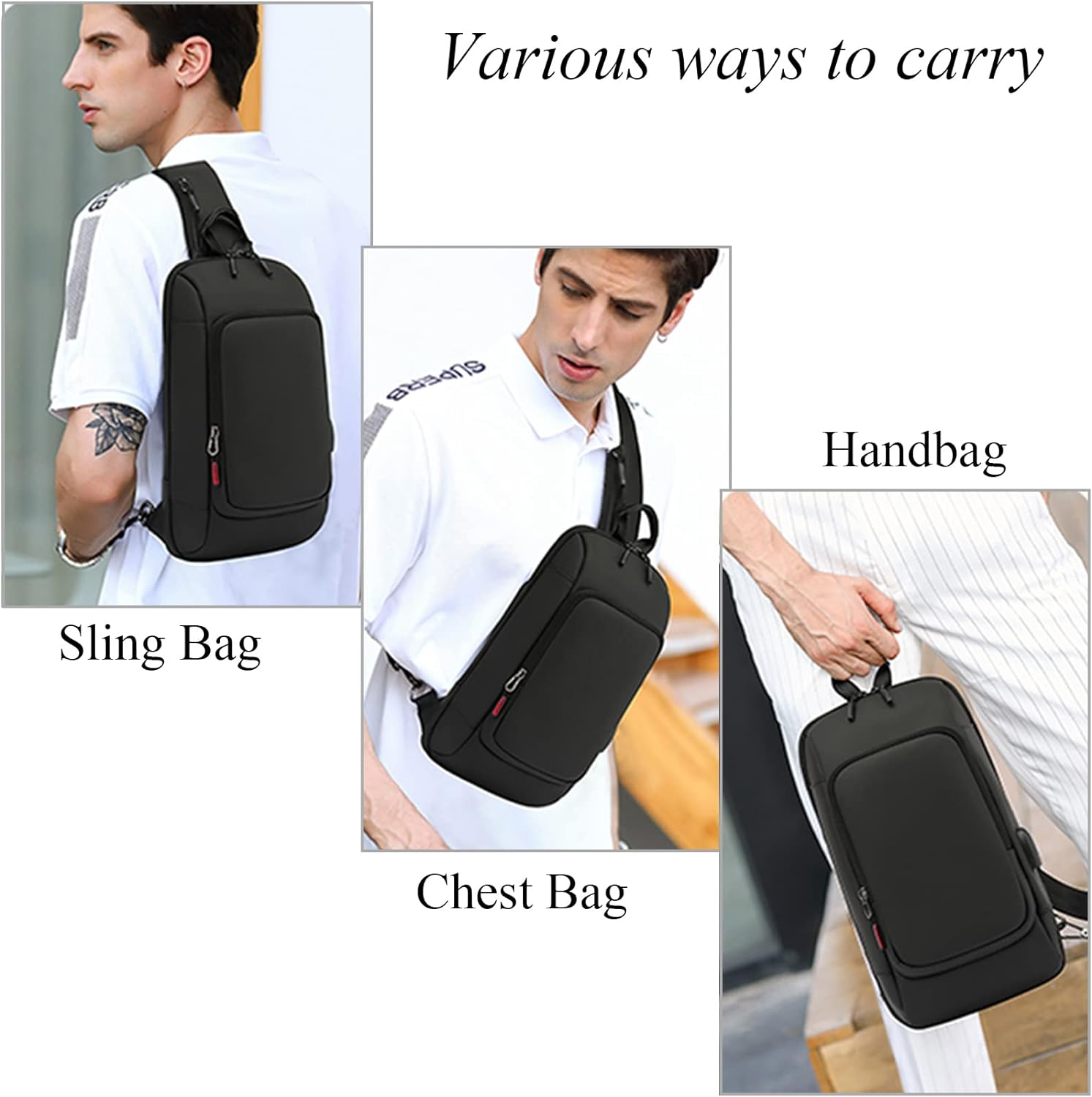 Qiccijoo Sling Bag Crossbody Backpack for Men Women Small Sling Backpack Travel Hiking Backpack with USB Charger Port anti Theft Shoulder Bag Multipurpose Chest Bag(Black) image number 2