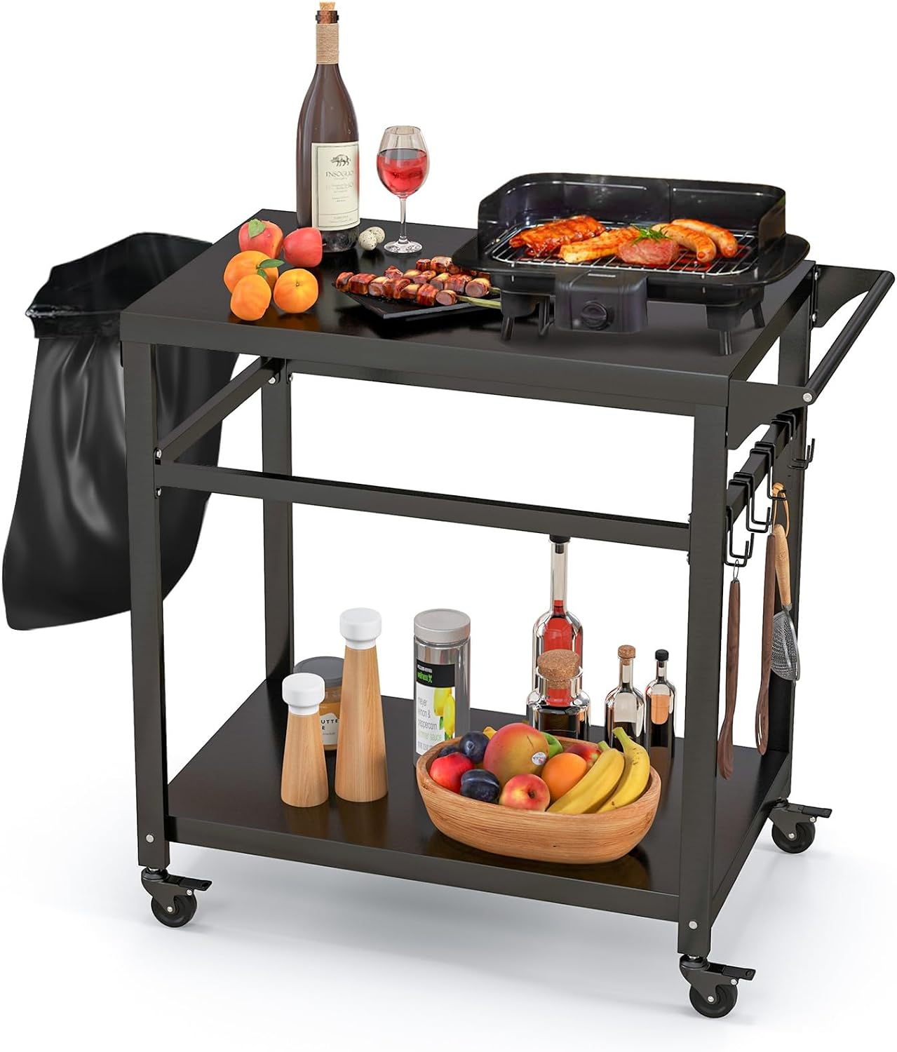 Costway Outdoor Grill Cart Pizza Oven Stand, Movable Dining Cart Work Table with Shelf, Hooks, Multifunctional Backyard Patio BBQ Kitchen Food Prep Cart W/Lockable Wheels, Side Handle image number 2