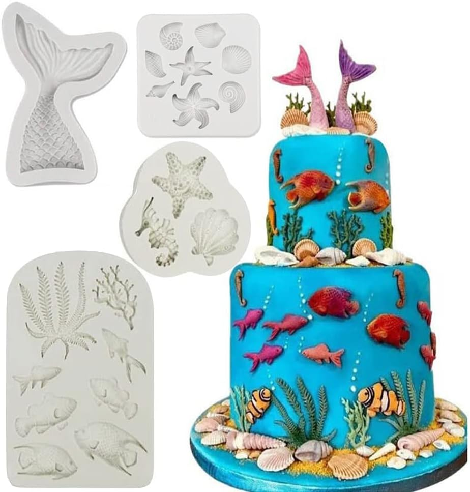 Fondant Silicone Cake Molds Mermaid Theme, Seashell Starfish Seahorse Silicone Mold for under the Sea Cake Decoration (Grey) image number 1