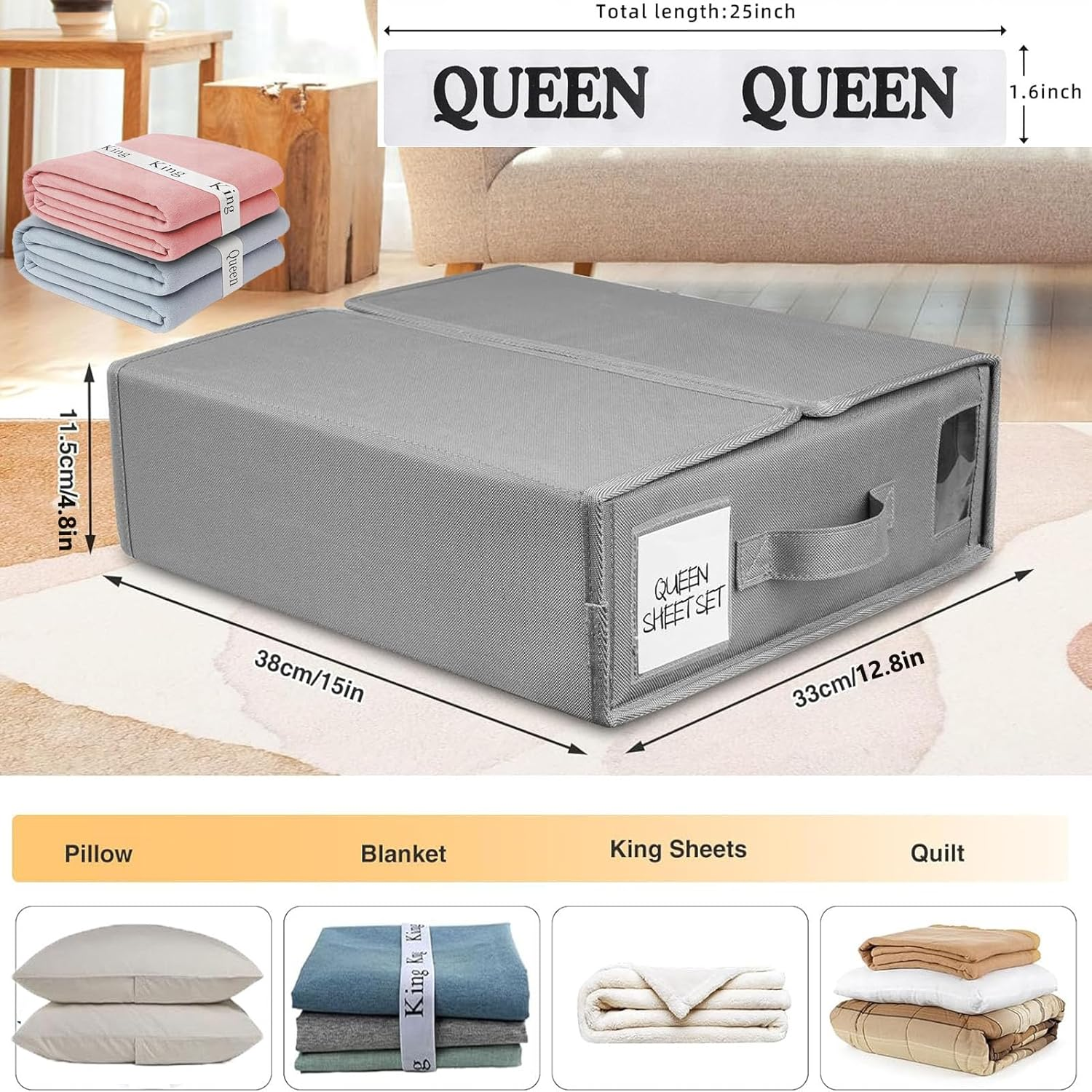 Bed Sheet Organizer,2Pack Foldable Linen Bedding Sheet Storage Box with Window and Label,Closet Organizer Organizing Bedding Container Box for Linen Closet,Bed Sheets,Duvet Covers,Blankets,Pillowcases