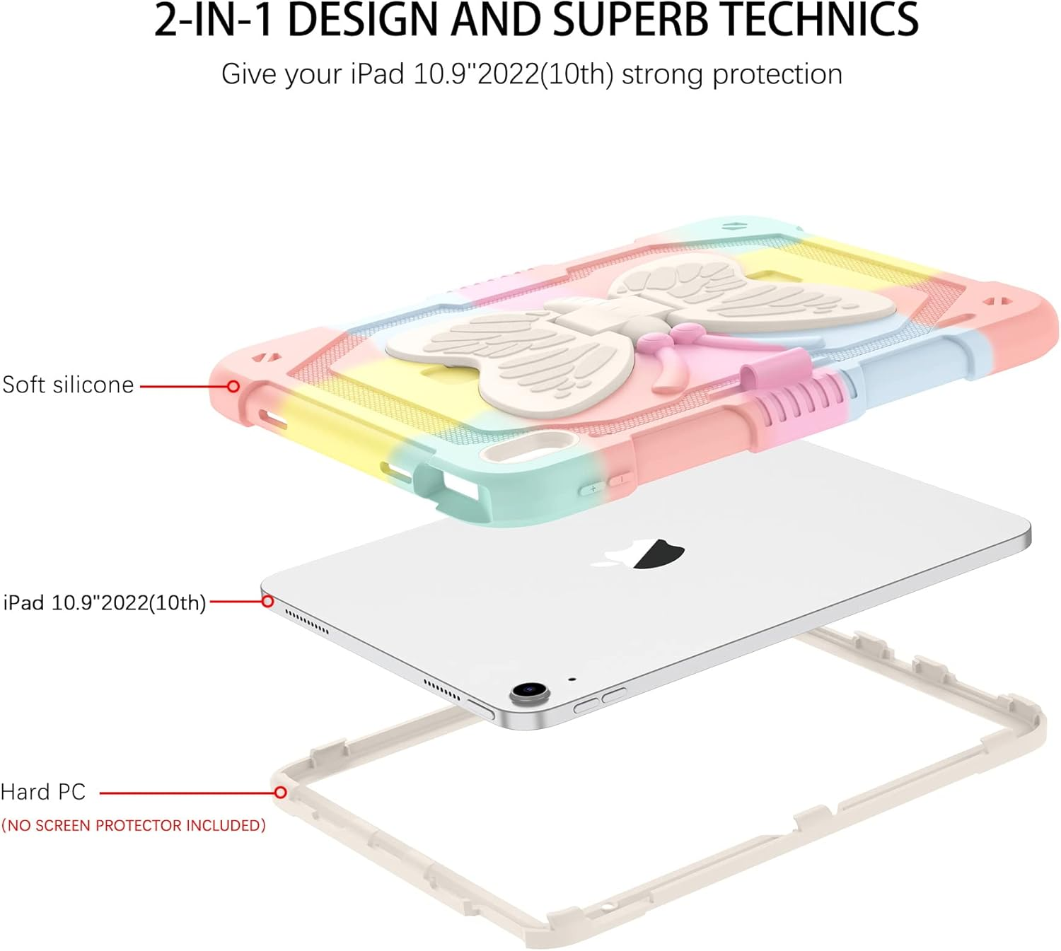 DUEDUE Ipad(A16) 11Th Generation 11 Inch 2025 Case, Ipad 10Th Generation 10.9 Inch 2022 Case, Butterfly Wings Kickstand Heavy Duty Shockproof Protective Tablet Case for Kids, Rainbow image number 5