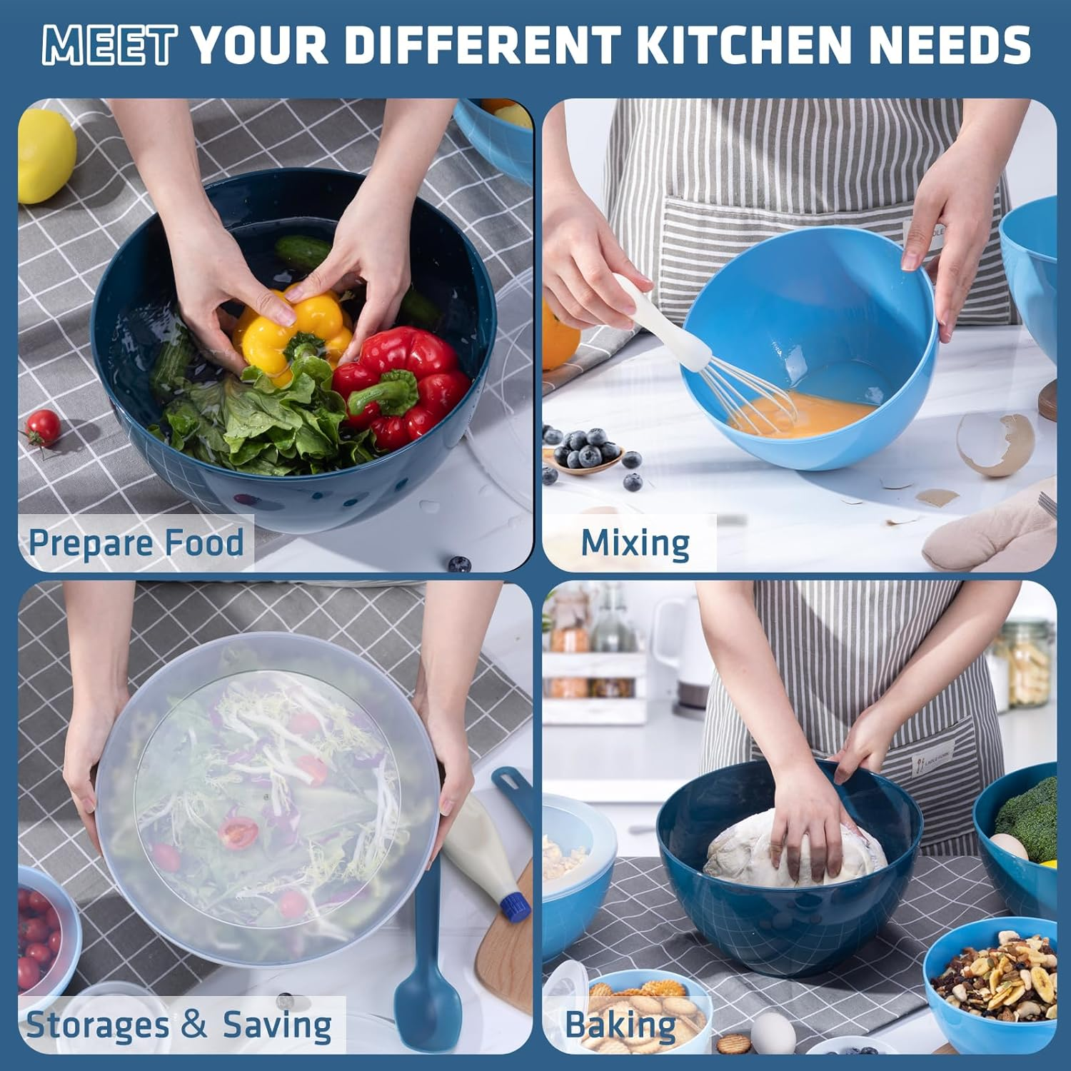 LUXEAR 14 Pcs Mixing Bowls with Lids, Plastic Nested Bowl Set Includes 6 Prep Bowls, 6 Lids, 2 Cooking Spoons(Can Convert into Tongs), Microwave Dishwasher Safe for Mixing Serving Baking Storing image number 4