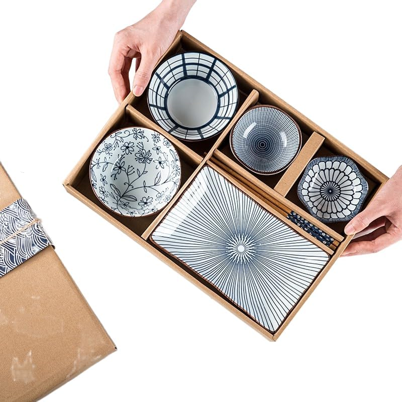 6-Piece Ceramic Bowl Set, Blue and White Japanese-Style, 10 Oz Capacity image number 6