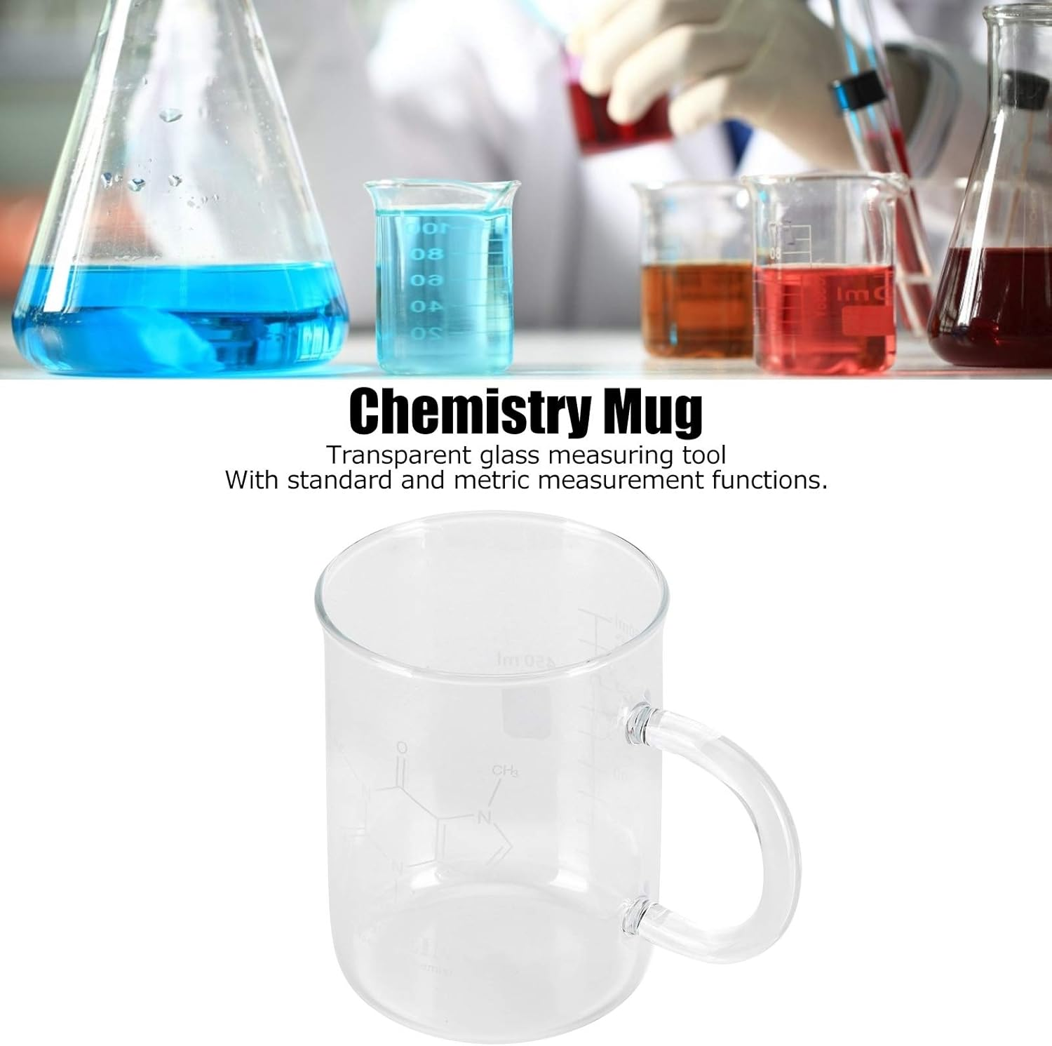 Leopacat Caffeine Beaker Mug, Caffeine Molecule Mug, Scientific Borosilicate Glass Chemistry Mug with Handle Graduated and Pouring Spout for Mocha Latte Milk Cappuccino Water Juice image number 2