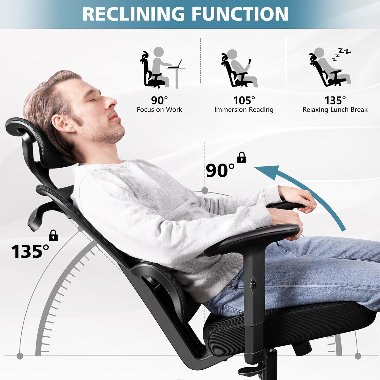 Primy Office Chair Ergonomic Desk Chair, High Back Breathable Mesh Office Chair with Lumbar Support Reclining Chair, Comfy Big and Tall Home Office Chair, Adjustable Armrests Computer Chair(Black) - White image number 3