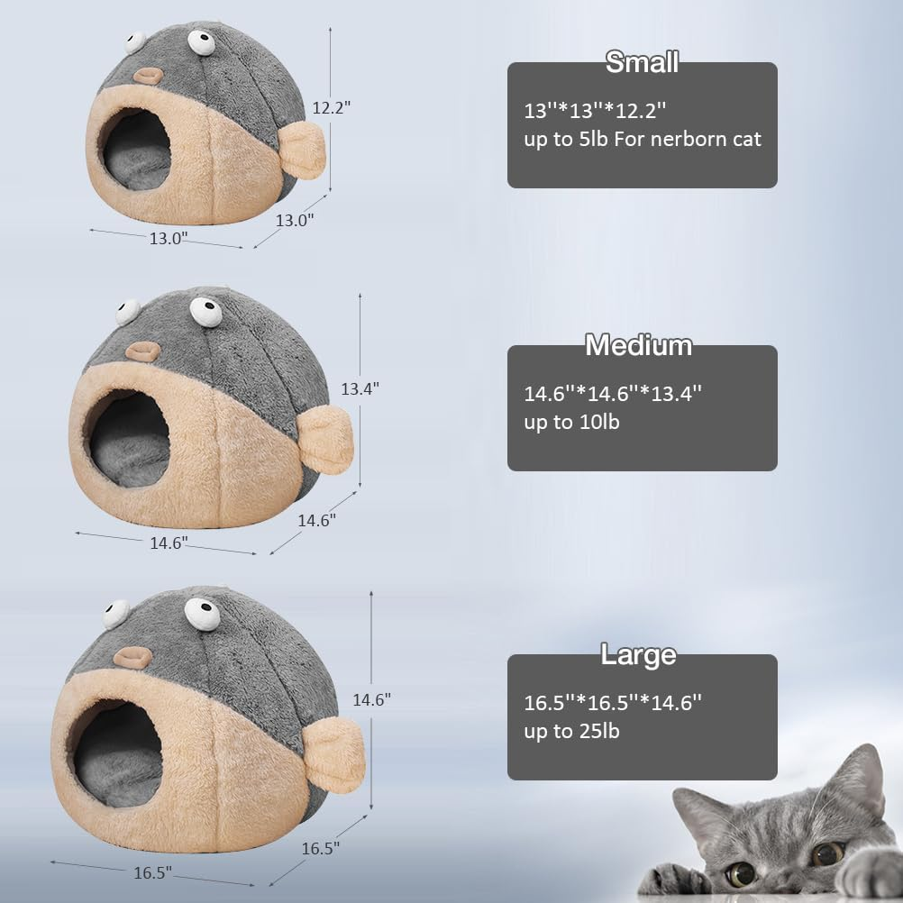 Cat Beds for Indoor Cats - Cat Bed Cave with Removable Washable Cushioned Pillow, Soft Plush Premium Cotton No Deformation Pet Bed, Lively Pufferfish Cat House Design, Grey, Multiple Sizes image number 1