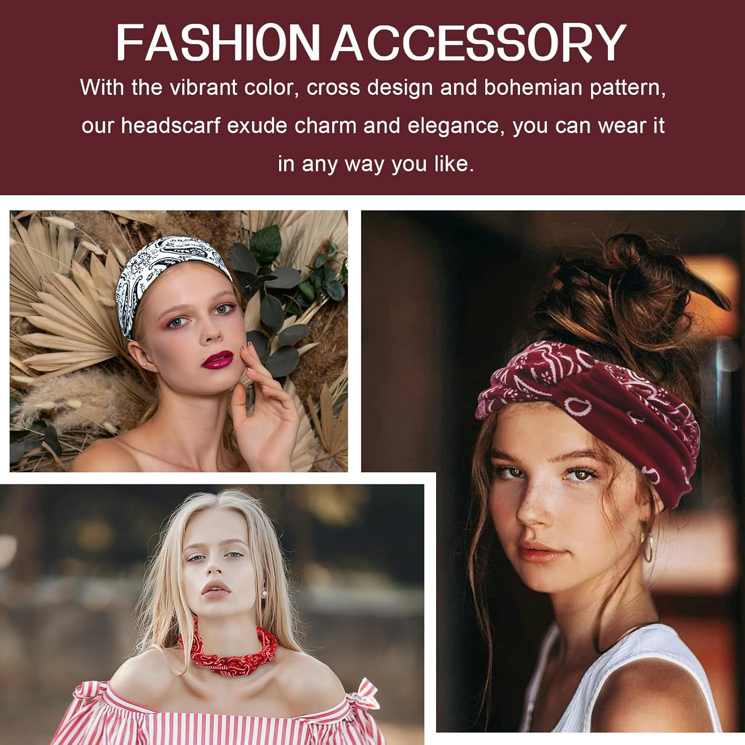 Pack of 6 Multicoloured Wide Headband Headscarves, Summer Boho Headband Print Hair Accessories, Durable Hair Bands, Women'S Wide Elastic Soft, Yoga Sports Hair Band, Multicoloured for Women and Girls image number 6