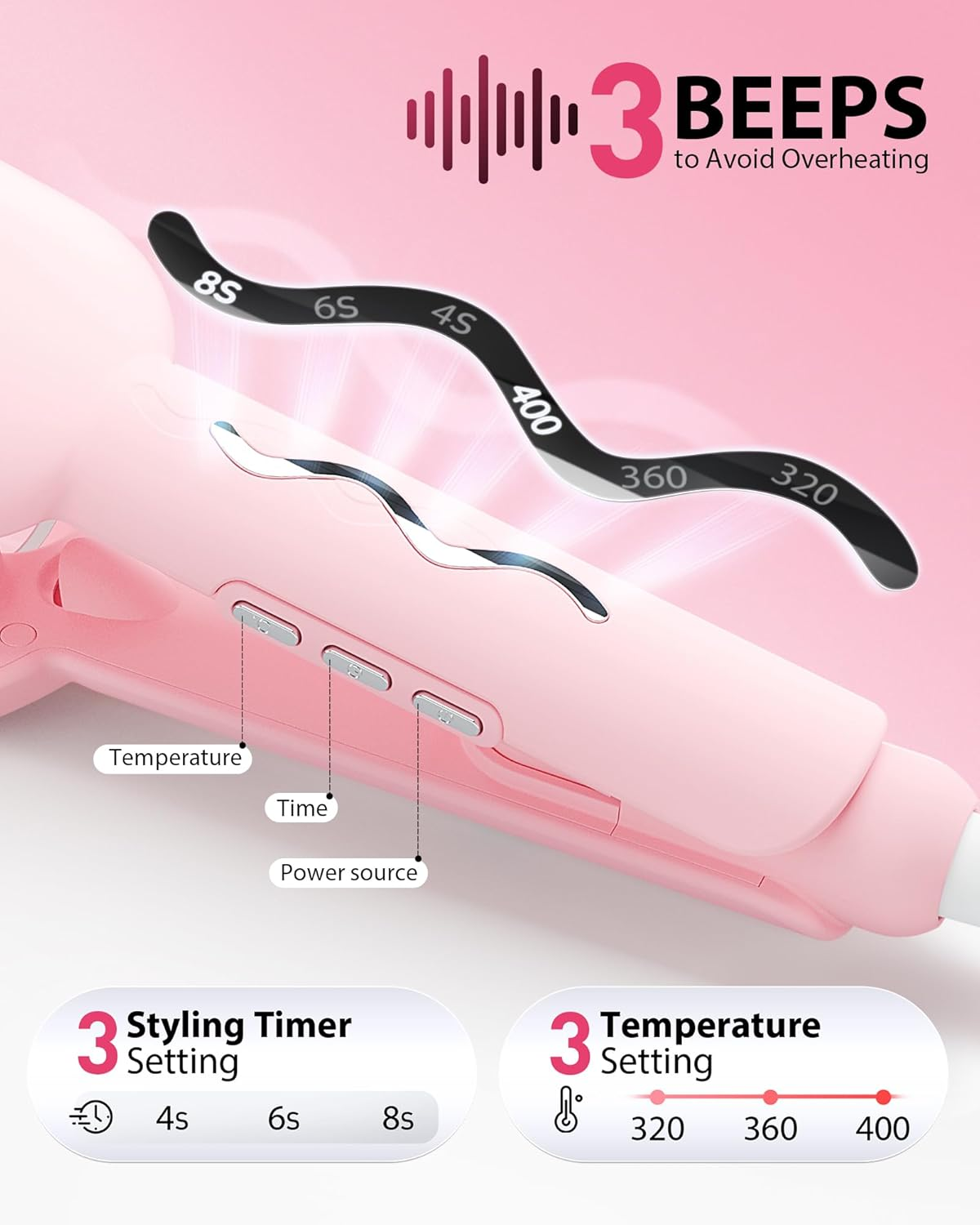 NOVUS Waver Curling Iron, Beach Waves Curling Wand, Ionic Hair Waver with Anti-Scald Hair Crimper, Easy to Use, 2 Barrel Hair Crimper for All Hair Types Women, Pink, 1.25 Inch image number 4