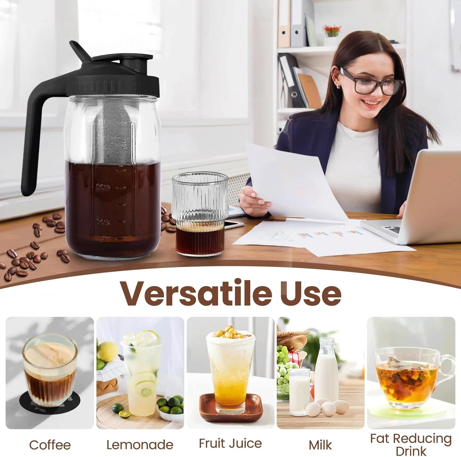 Cold Brew Coffee Maker,32 Oz Mason Jar Pitcher with Stainless Steel Filter, Pour Spout Handle Lid, Heavy Duty Glass Airtight & Leak-Proof Pitcher for Iced Coffee Tea Lemonade-Black image number 5