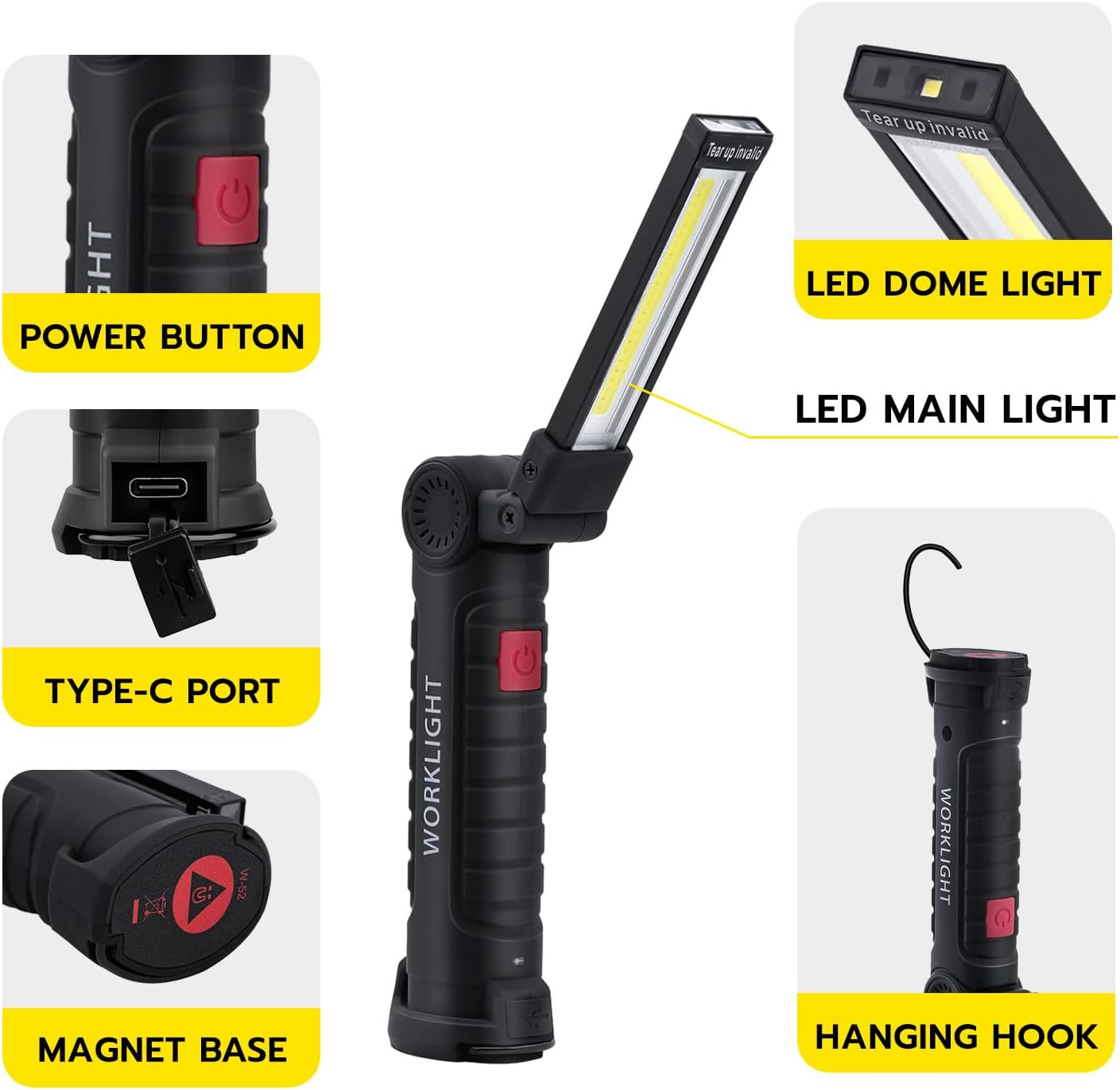 Mcbazel Rechargeable LED Work Light-5 Modes 360&deg; Rotatable Magnetic Torch with USB-C Charging,Portable Camping Light for Car Repair, Emergency, Garage, BBQ & DIY Projects