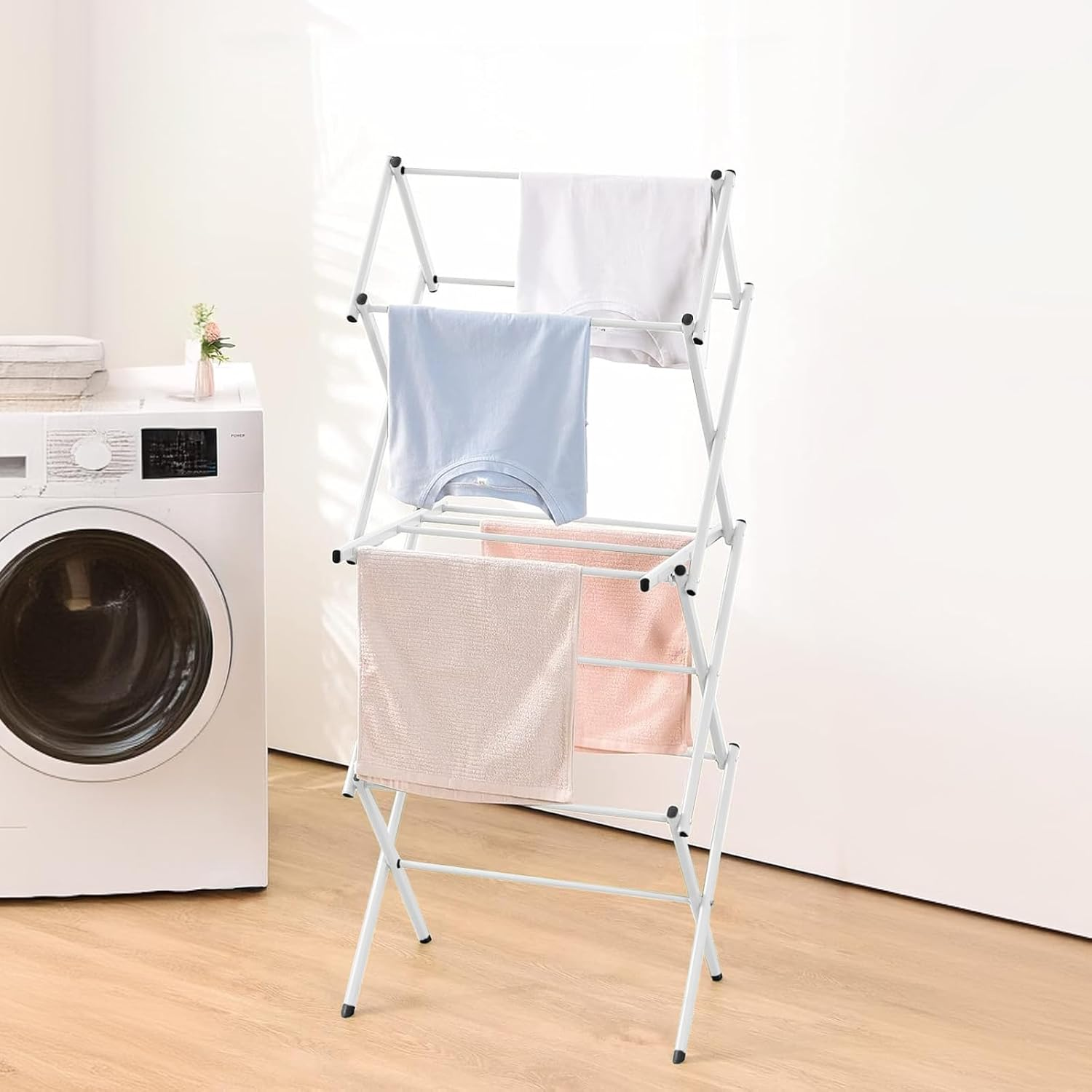 LIWEGHT 3-Tiers Clothes Drying Rack, Foldable Laundry Rack, Retractable for Easy Storage, Folding Indoor and Outdoor Rack, Space-Saving, Adjustable Towel Rack, Expandable Collapsing Rack, White image number 4