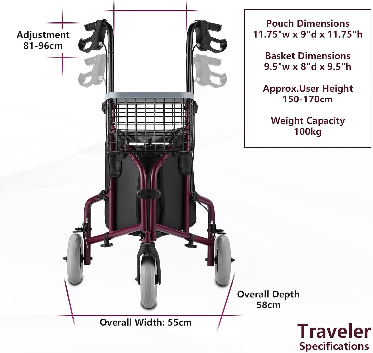 Altus Rolling Walker Mobility Aid Rollator with Bag Wire Basket and Tray Burgundy Red (3 Wheels Red) image number 1