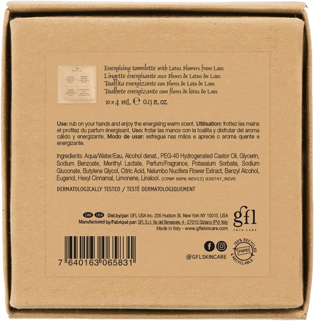 Prija Energising Towelettes Gift Pack for Sanitasing and Moisturising Hands, Luxurious Travel Wet Wipes with Lotus Flower, Premium Natural Viscose Wipes in Gift Box 10 X 4Ml image number 5