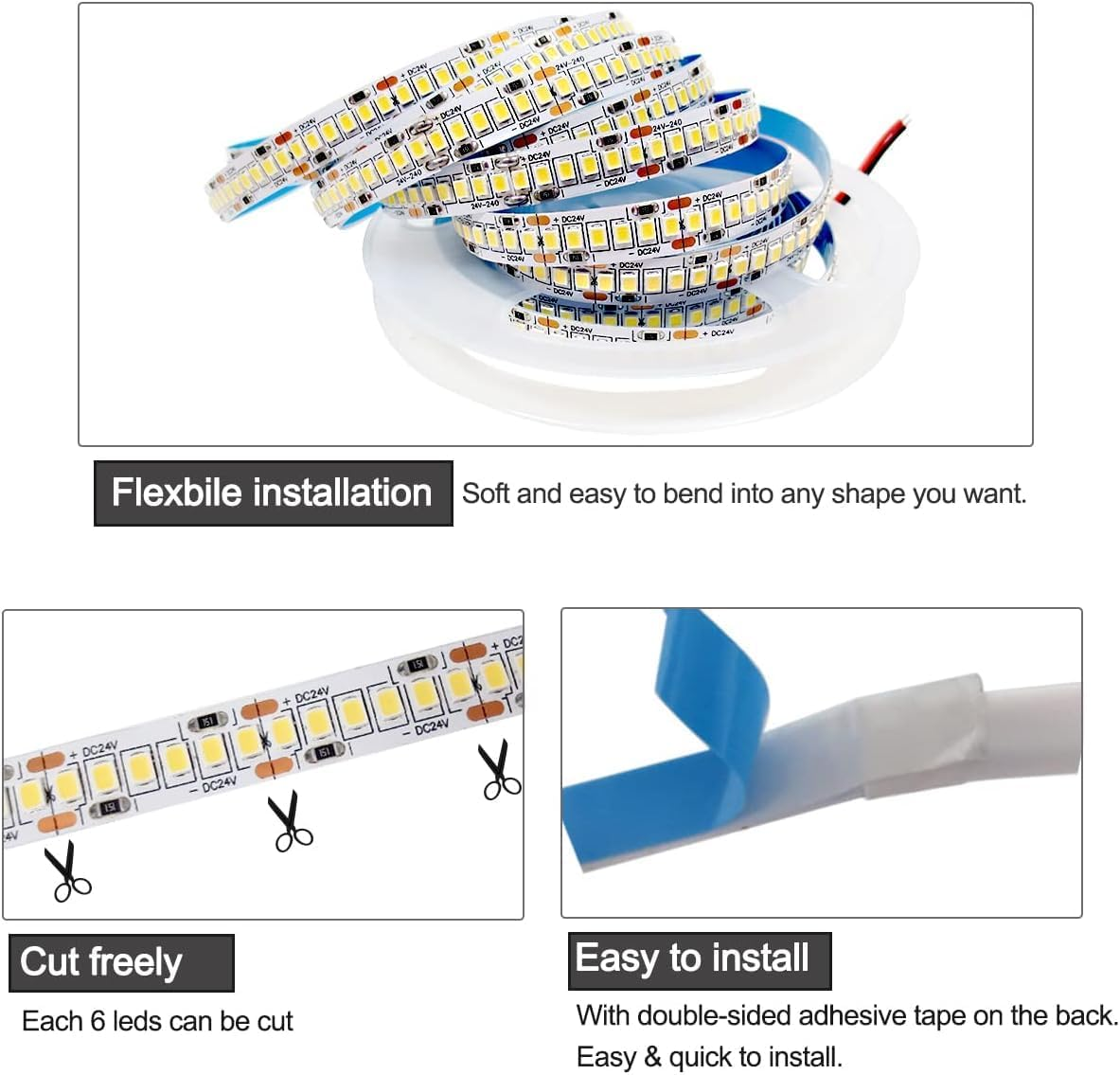 Tyun 24 V LED Strip Light, 1200 Leds, Natural White, 4000 K, 5 Metre Strip, Flexible Strip Light, SMD 2835 IP20 Strip Light for Garden, Bedroom, Kitchen Decoration - 24 V White 6000 K image number 3