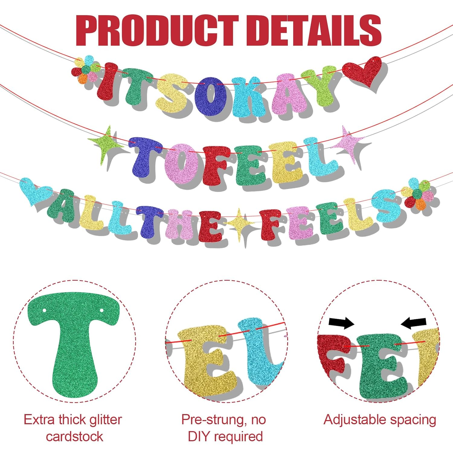Inside Birthday Party Decorations Banner, Pre-String Glitter It'S Okay to Feel All the Feels Banner Colourful Party Hanging Decoration for Fireplace Mantel Wall