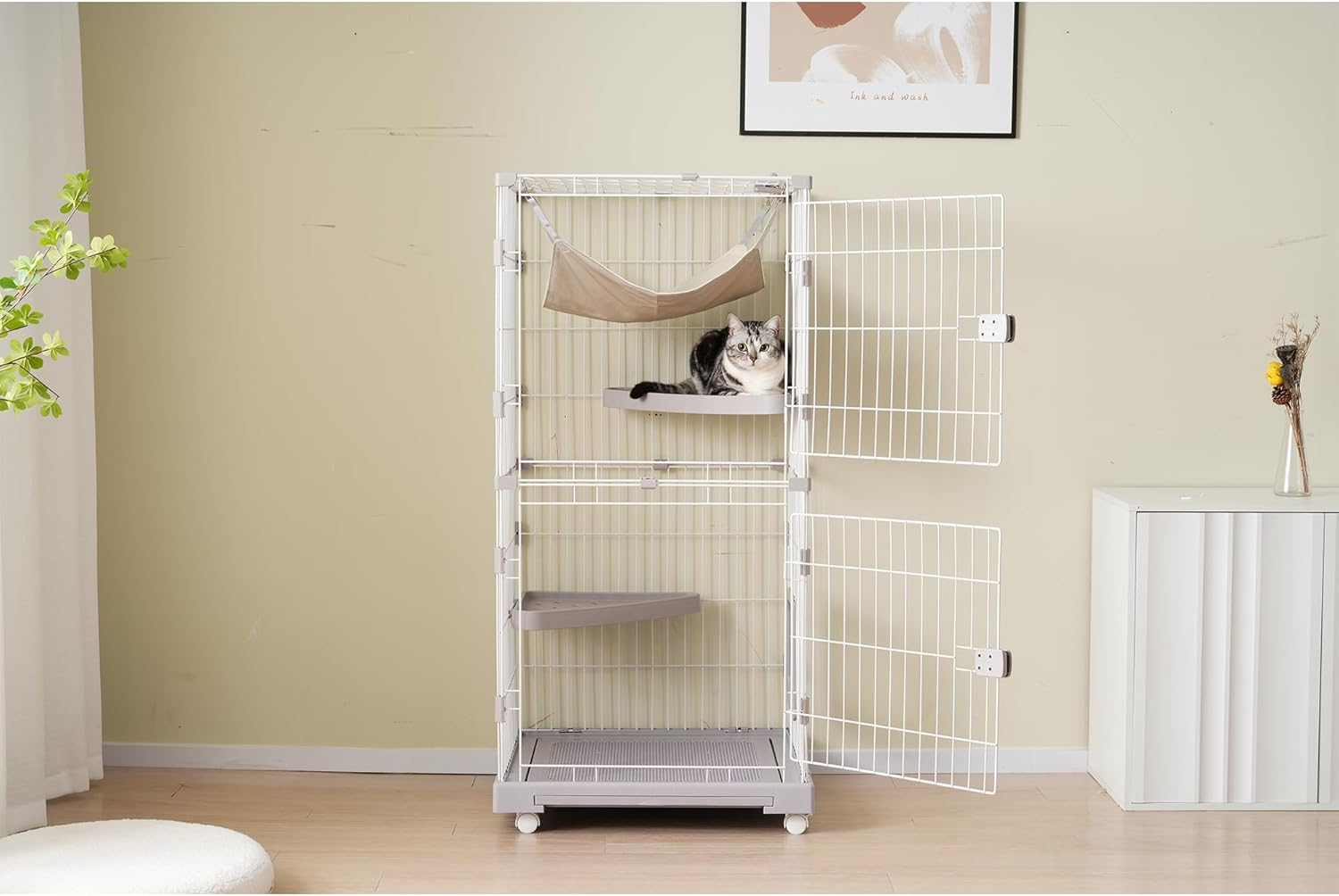 OSJ Cat Pet Gauge, Small Animal Cage, Cat Enclosure, Easy to Clean Tray Cage, Cat Cage, 2 Tiers, Multiple Families, Drawer Tray, Free Combination, Rabbit Cage, Cat Door, Pet Gauge, Cat, Wide Door, image number 5