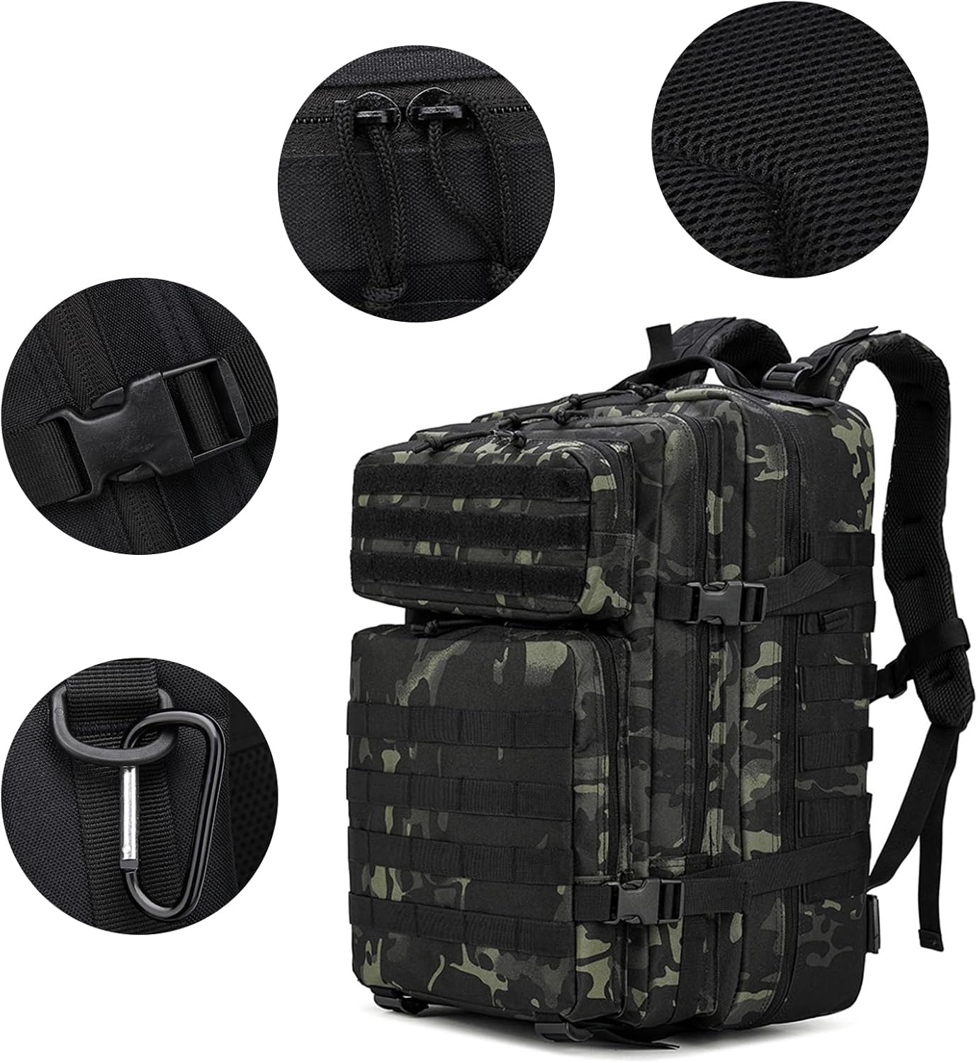 Toguma 50L Tactical Backpack Assault Pack with Adjustable Shoulder Strap, Hiking Trekking Rucksack Large Daypack Laptop Backpack Computer Bag for Woman Man (Camouflage Black) image number 3