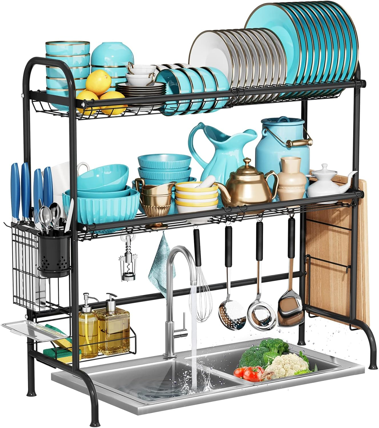 Over the Sink Dish Drying Rack, Sandream 2 Tier over Sink Dish Rack, Stainless Steel Sink Drying Rack with Utensil Holder, Large Capacity Dish Drainer for Kitchen Counter, Silver (Fit Sink&le; 81Cm/32)