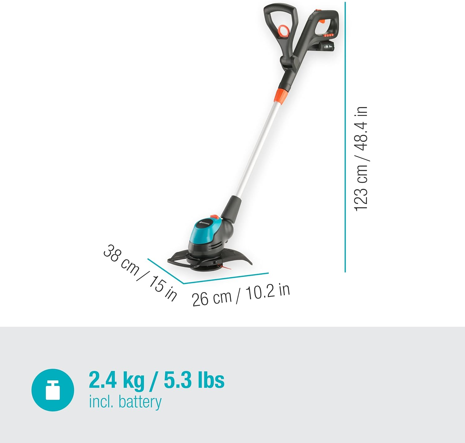 Gardena Battery Trimmer Easycut 23/18V P4A - 2.5Ah Battery and Charger Included, Silver/Black/Turquoise/Orange (14700-52)
