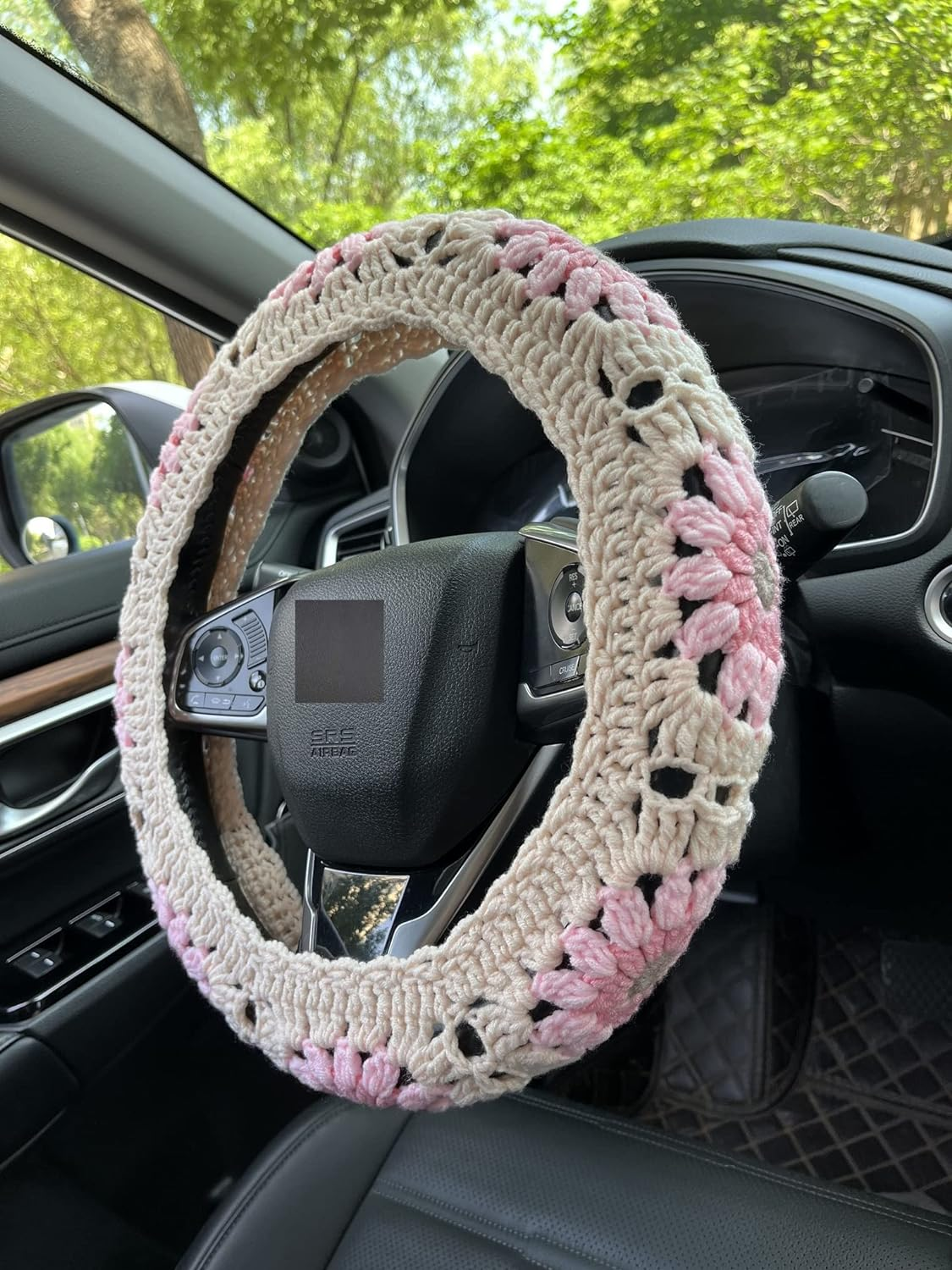 Crochet Sunflower Car Steering Wheel Covers Light Pink Universal 14-15 Inch for Women/Men (Steering Wheel Cover)