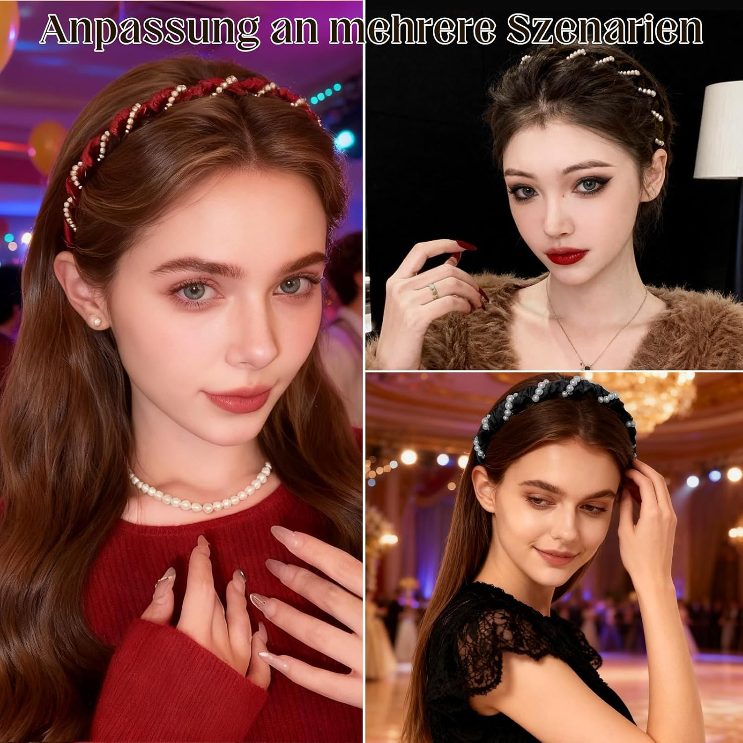 3Pcs High Updo Artificial Pearl Hairband, Fashion Headband Women, Grace Headbands for Rhinestones Bridal Hair Hoop, Birthday Party Valentine'S Day Gifts (Black/Red/Brown) image number 2