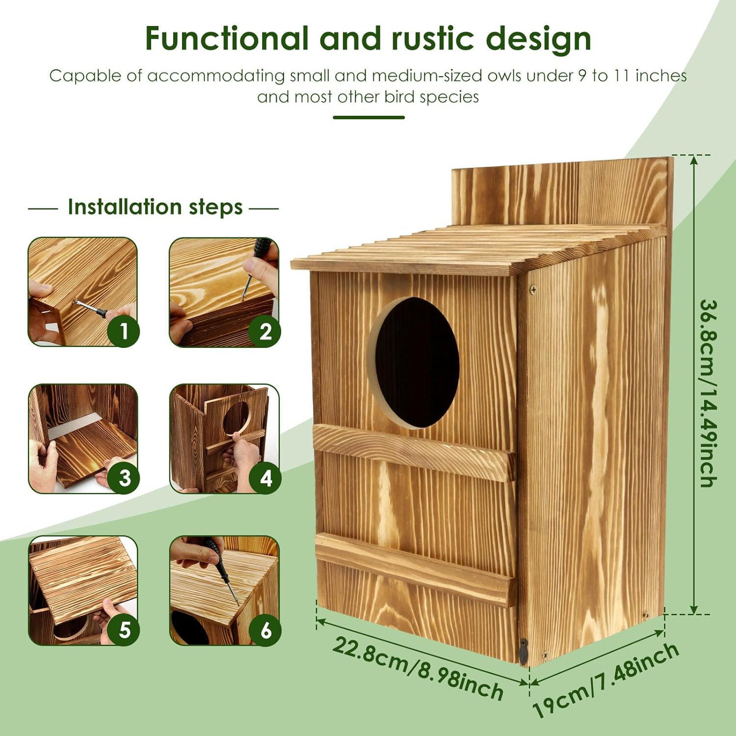 Owl House, Circular Opening Wood Birds Box, Large Size Bird Box, Easy to Install Wood Bird Box, Owl Box House with Mounting Screws for Birds image number 3
