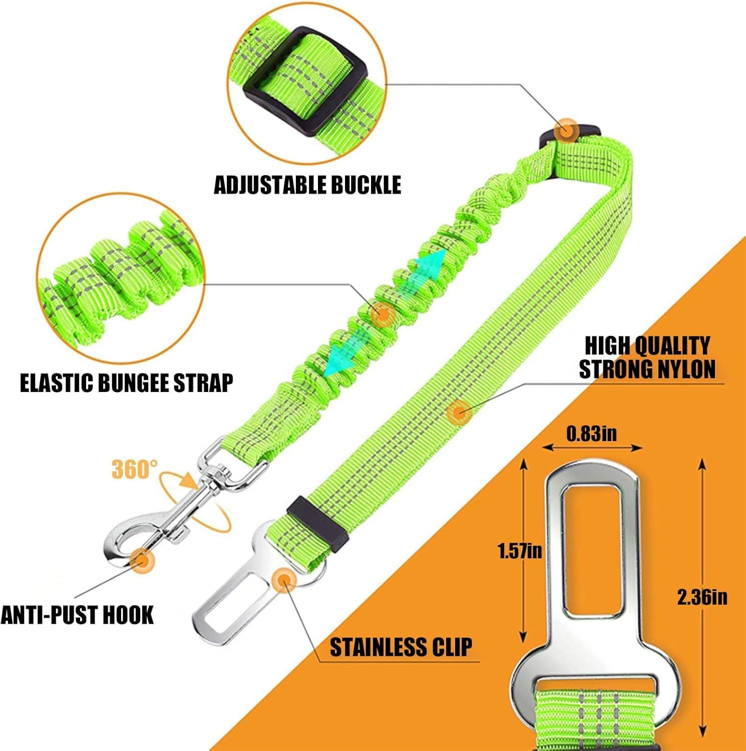 Green Adjustable Dog Car Seat Belt - Stretchable Bungee Safety Harness with Clip Buckle for Pet Travel in Truck & Vehicle image number 3