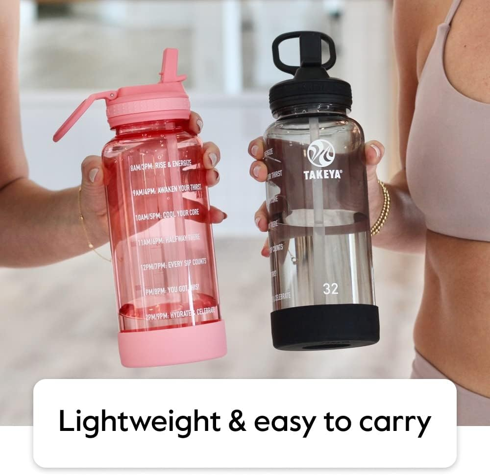 Takeya Premium Quality Motivational Water Bottle with Straw Lid with Times to Drink, BPA Free Tritan Plastic, 32 Oz, Flutter Pink image number 2