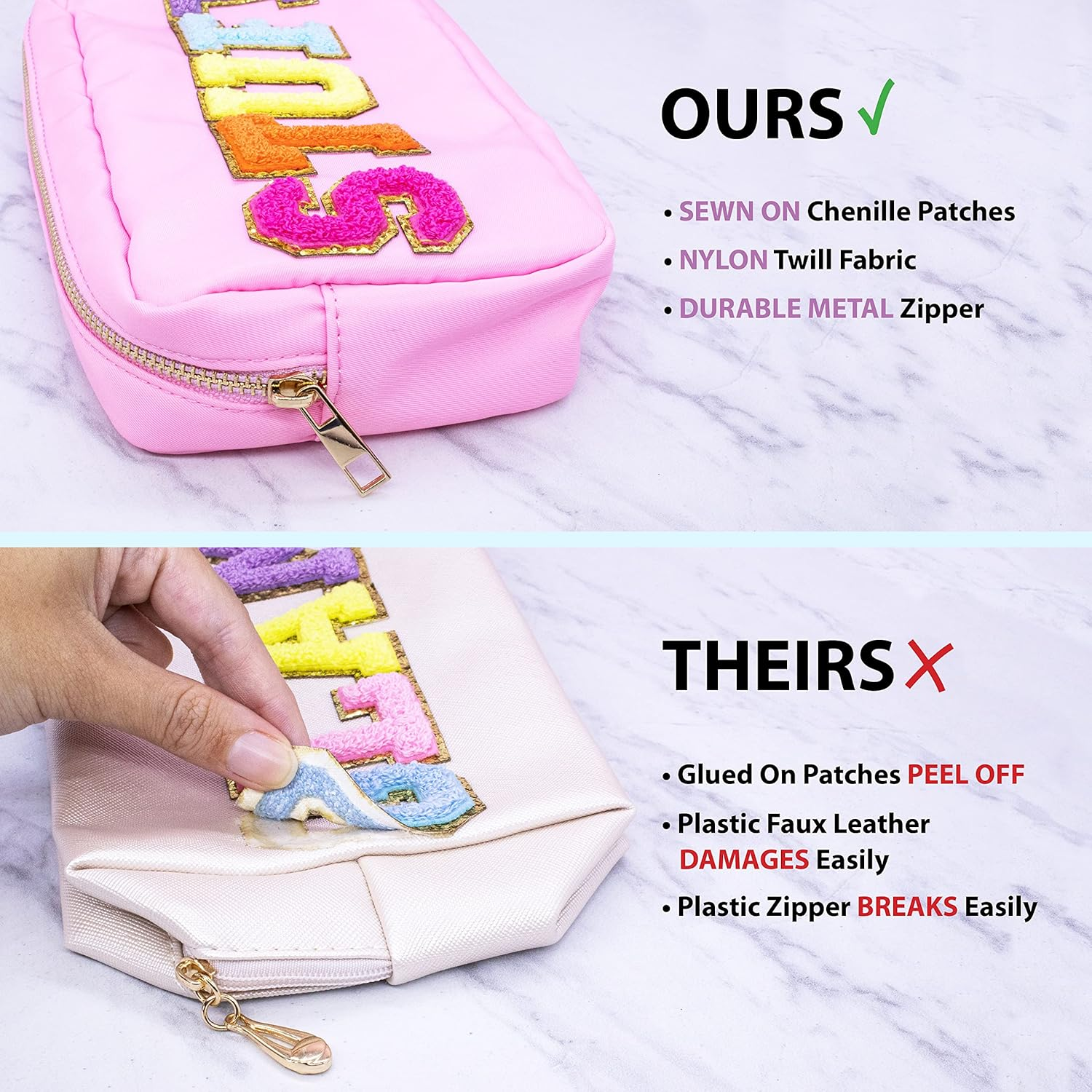 Fablinks Pink Nylon Cosmetic Bag with Chenille Letter Patches, Pink, 9-Inch, Stuff-Pink image number 5