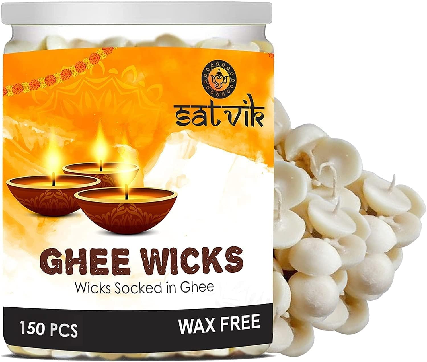 SATVIK 150 Pc Pure Ghee Wicks for Puja Pooja for Home and Mandir. Nitya Pujan Readymade Ghee Jyot Jyoti Pujan Indian Housewarming Return Gift Items Puja Accessories. Diwali Diya Cotton Wicks image number 4