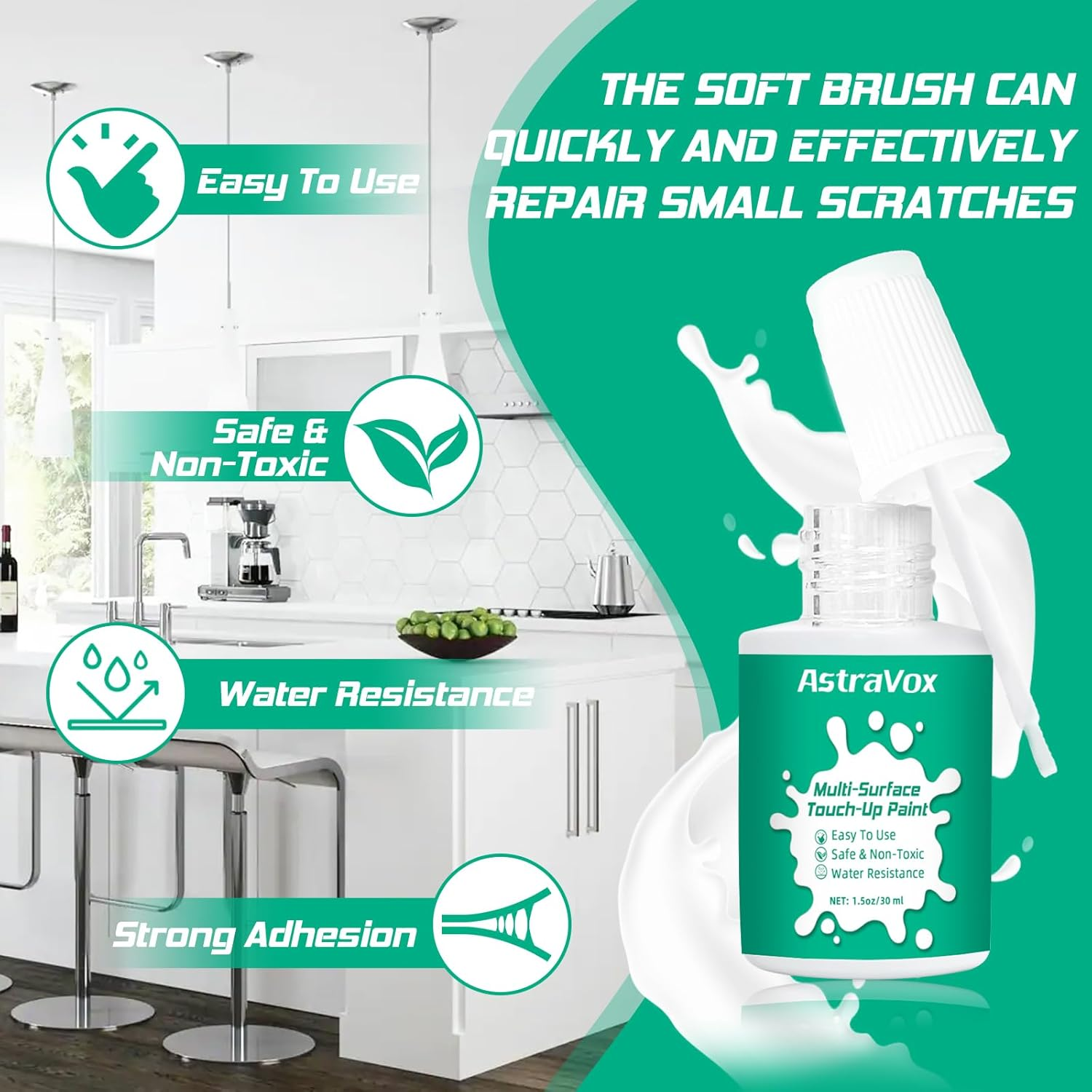 Astravox White Enamel Touch up Paint, Multi-Surface White Touch up Paint for Wall Furniture Appliance Tile Cabinet Bath, Interior and Exterior Repair Scratches, Waterproof, Easy to Use (Semi-Gloss)