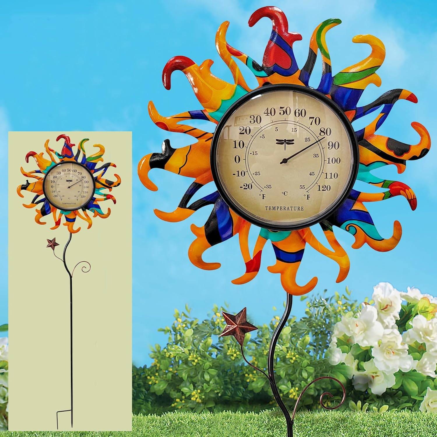 Metal Sun Thermometer Indoor Outdoor Ornament Wall Art Decor, Sun Plaque Sculpture Hanging Mounted for Living Room Bedroom Kitchen Patio for Home or Garden, No Battery Required (ORANGE SUN STAKE) - Orange image number 5