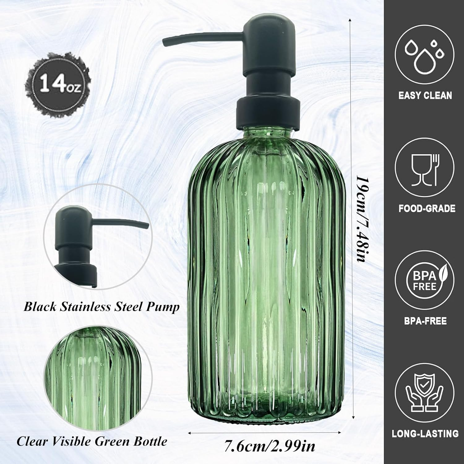 13.5Oz Green Glass Soap Dispenser Bathroom with Black Rust Proof Stainless Steel Pump, Clear Liquid Lotion Bottles Refillable Dish Dispensers with Vertical Stripe, Hand Dish Dispenser for Kitchen