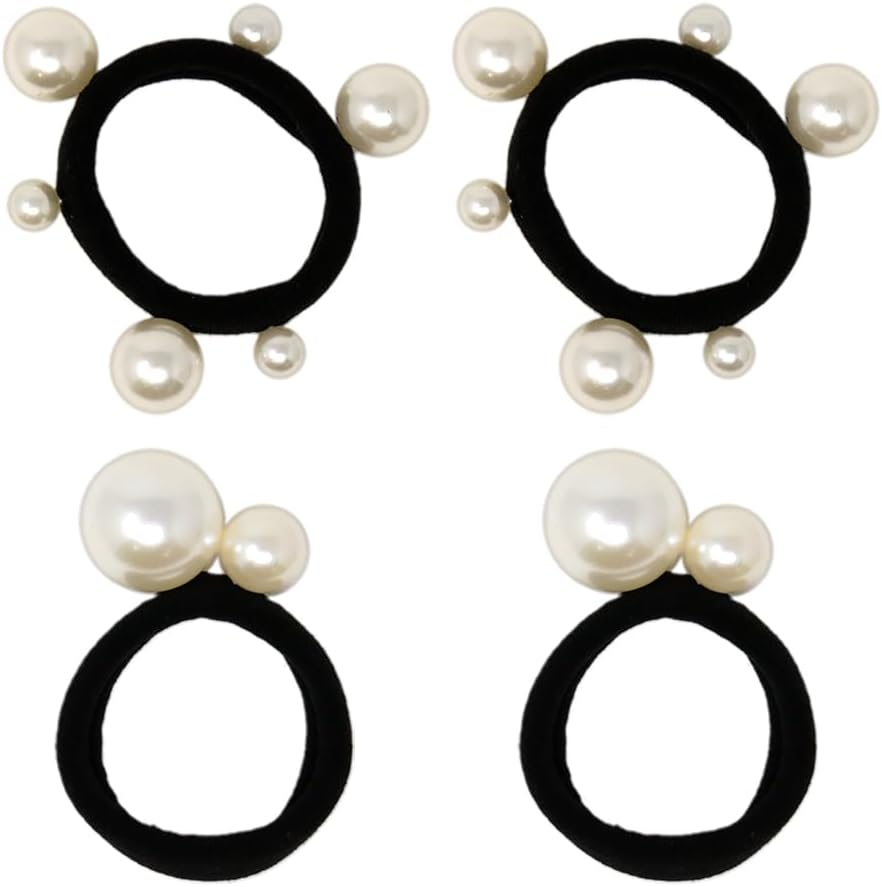 MILASIC TN-HRRP Hair Elastic Pearl Set of 4 Adults, Elegant, Stretchable, Easy to Use, Hair Arrangement, Non-Marking for Women, Girls, Stylish, Cute, Women'S, Pearl, Stretchable, Black, Ornamental Elastic Gift, Pearl Rubber, Hair Accessories, image number 6
