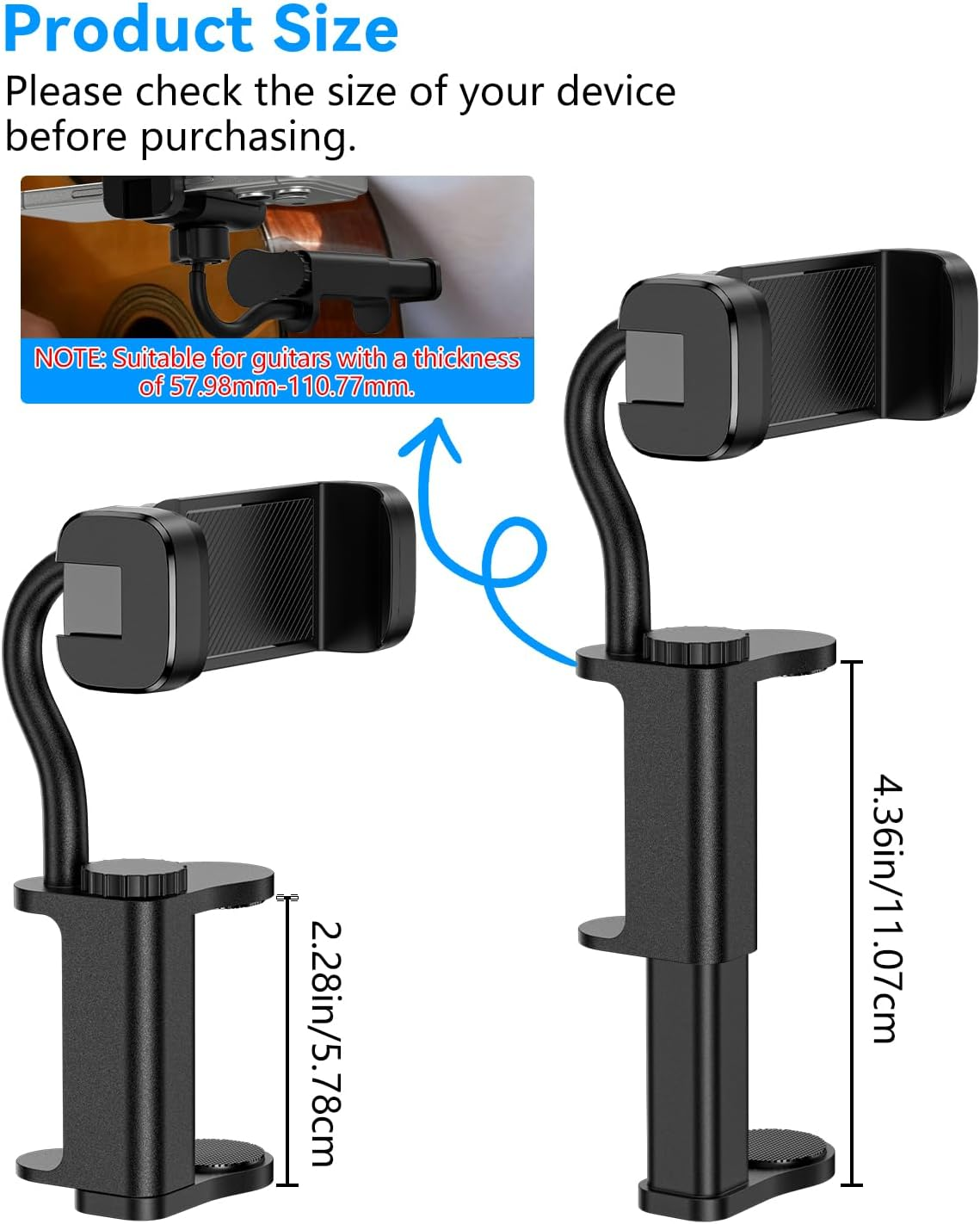 ALAFLY Guitar Phone Holder for Guitars/Ukulele/Bass/Electric Guitar, Adjustable Rotatable Guitar Clip Designed for Guitar Players Ideal for Recording Equipment Accessories Guitar Mount Gifts for Men image number 6