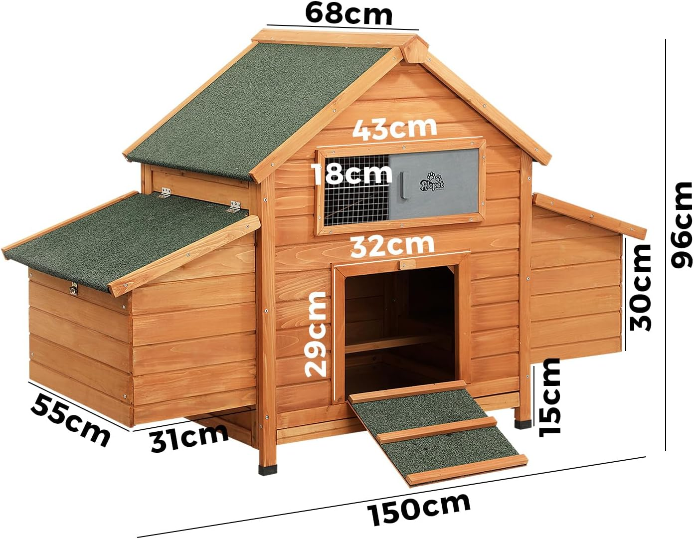 ALOPET Wooden Chicken Coop Rabbit Hutch, Large Pet House Run Cage W/Front Door, Sliding Window, Openable Asphalt Roof Outdoor Pet Hutch for Bunny Guinea Pig Small Animals, 150X68X96Cm, Brown & Green image number 4