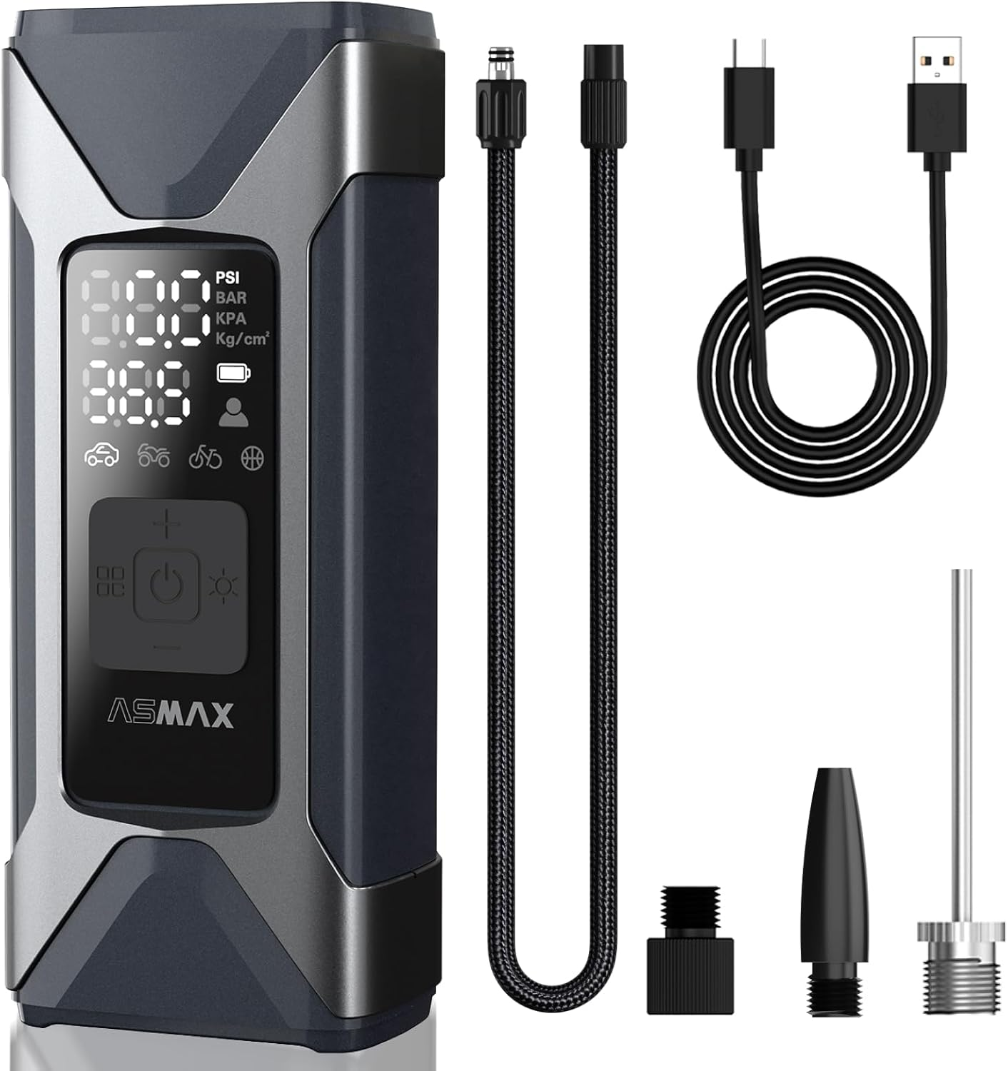 ASMAX Portable Tire Inflator Air Compressor - Fast 7500Mah Rechargeable, Digital Pressure Gauge, One-Click Smart Pump for Car, Motorcycle, Bike, Ball - Emergency LED Light & Power Bank