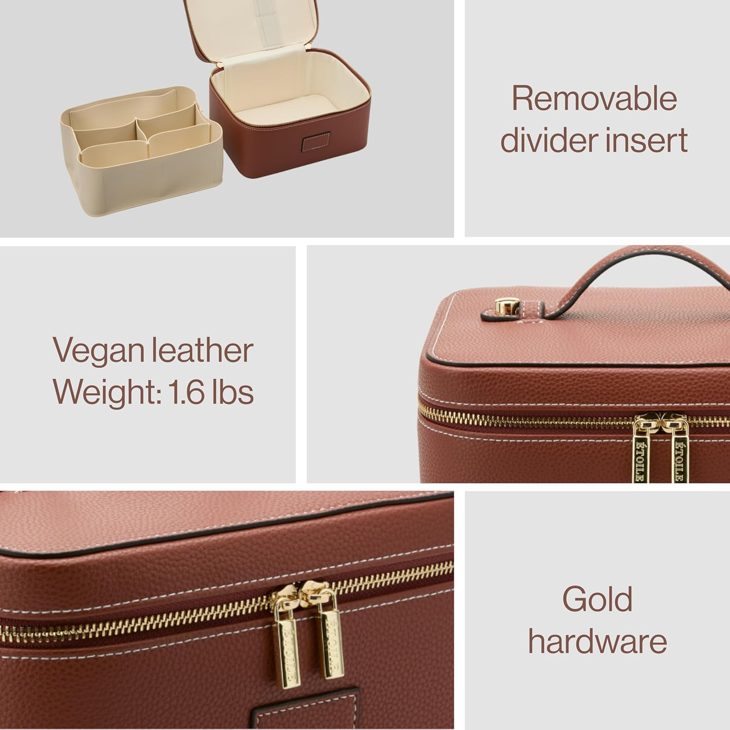 ETOILE - Vanity Case Ginger Brown - Stylish Travel Makeup Bag Organizer with Dividers - Burgundy image number 7