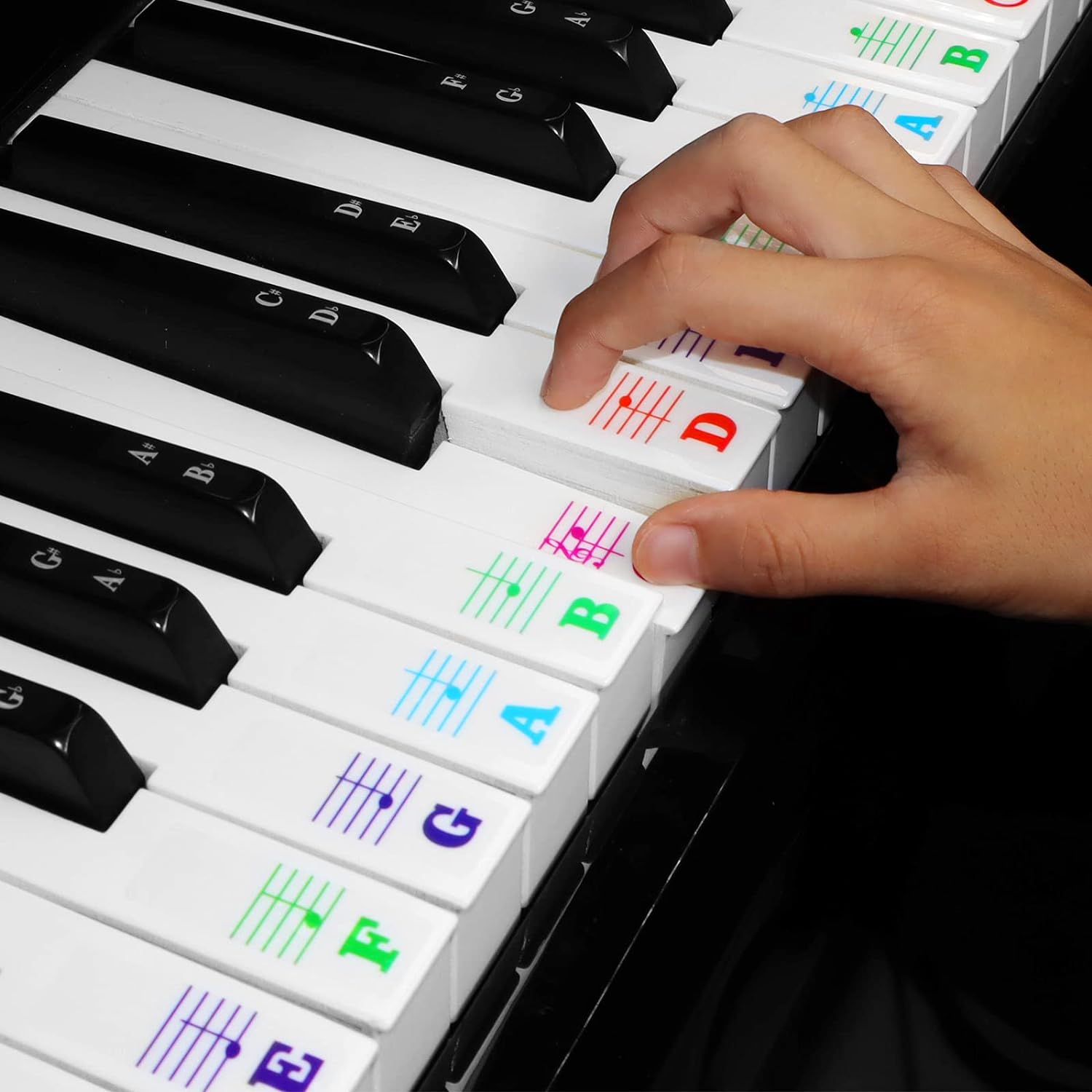 Piano Stickers, Piano Key Stickers for 88/61/54/49/37 Key Full Set for White and Black Keys, Colorful Bigger Letter-Thinner Transparent Removable with Cleaning Cloth - Color Lines image number 3
