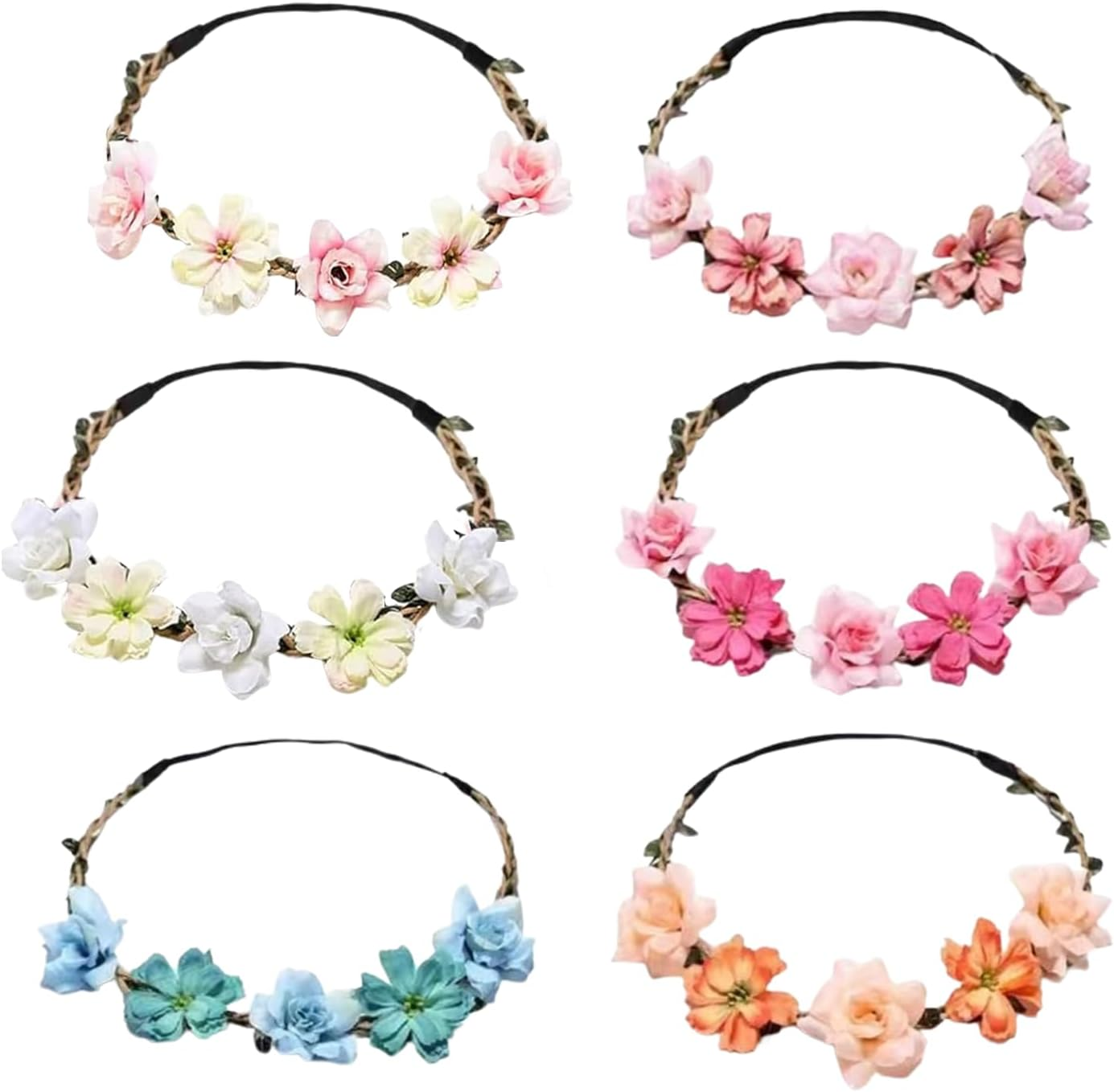 YILANJIN Flower Wreath Headband, Pack of 6 Flower Wreath, Hair Crown for Women, Wedding Flower Wreath for Girls, Multicoloured Flower Headband, Adjustable Belt for Festivals, Party, Birthdays image number 2