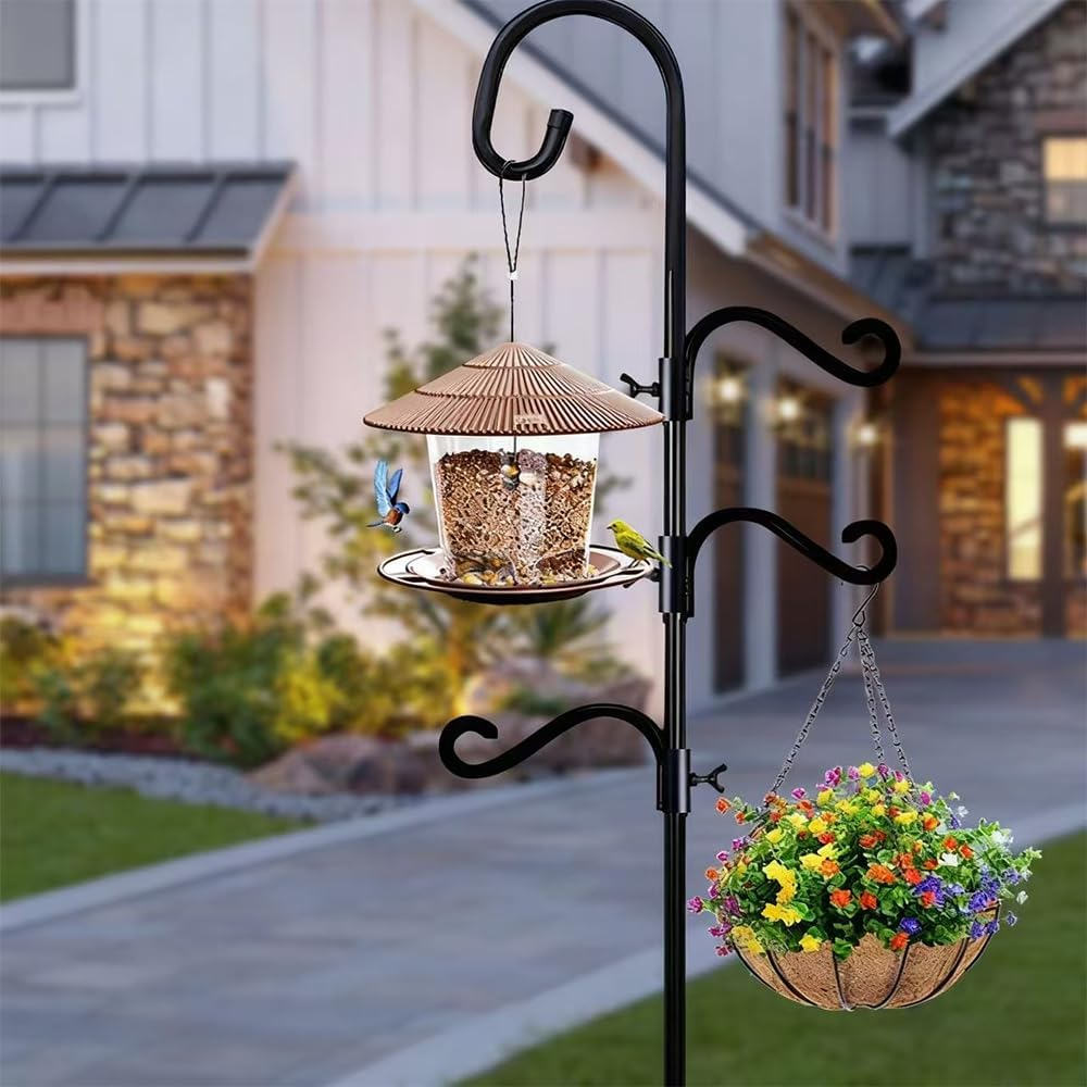 Bird Feeder Pole, 76-Inch Wild Birdfeeding Station Kit, Metal Birdfeeder Pole Stand, Bird Feeding Station with 3 Hanging Hooks, Birds House Poles for Garden, Outdoor Plant Hanger, Wedding image number 2