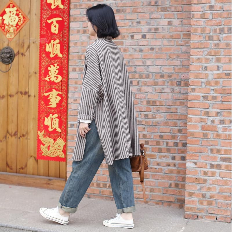 Women'S Vintage Linen Cotton Long Shirt Loose Fit Striped Tops with Pockets image number 6