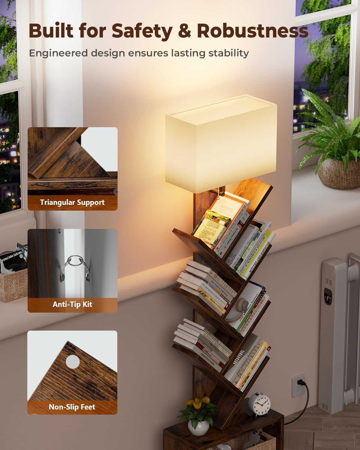 PTEROMYS 6 Tier Tree Bookshelf with Light, Narrow Bookcase Tower, Tall Floor Standing Book Organizer with Storage Cabinet for Living Room, Bedroom and Home Office (Rustic Brown) image number 5