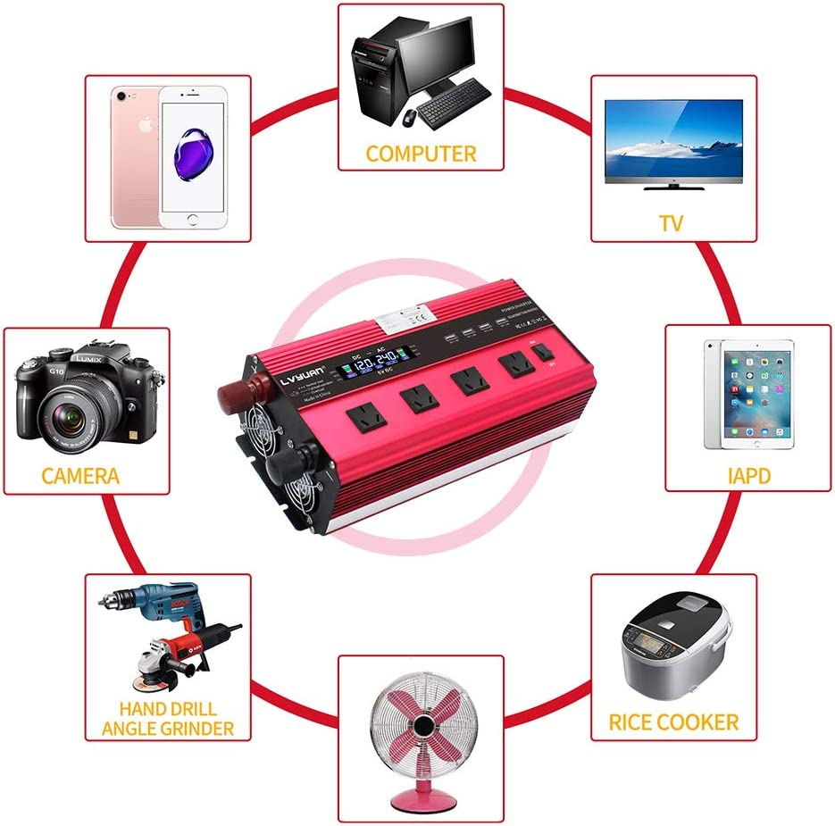 Yinleader 2500W DC 12V to 240V AC Power Inverter 4 AC Outlets W/Remote Control LCD Display 4 USB Ports Charge for Car/Boat/Truck image number 1
