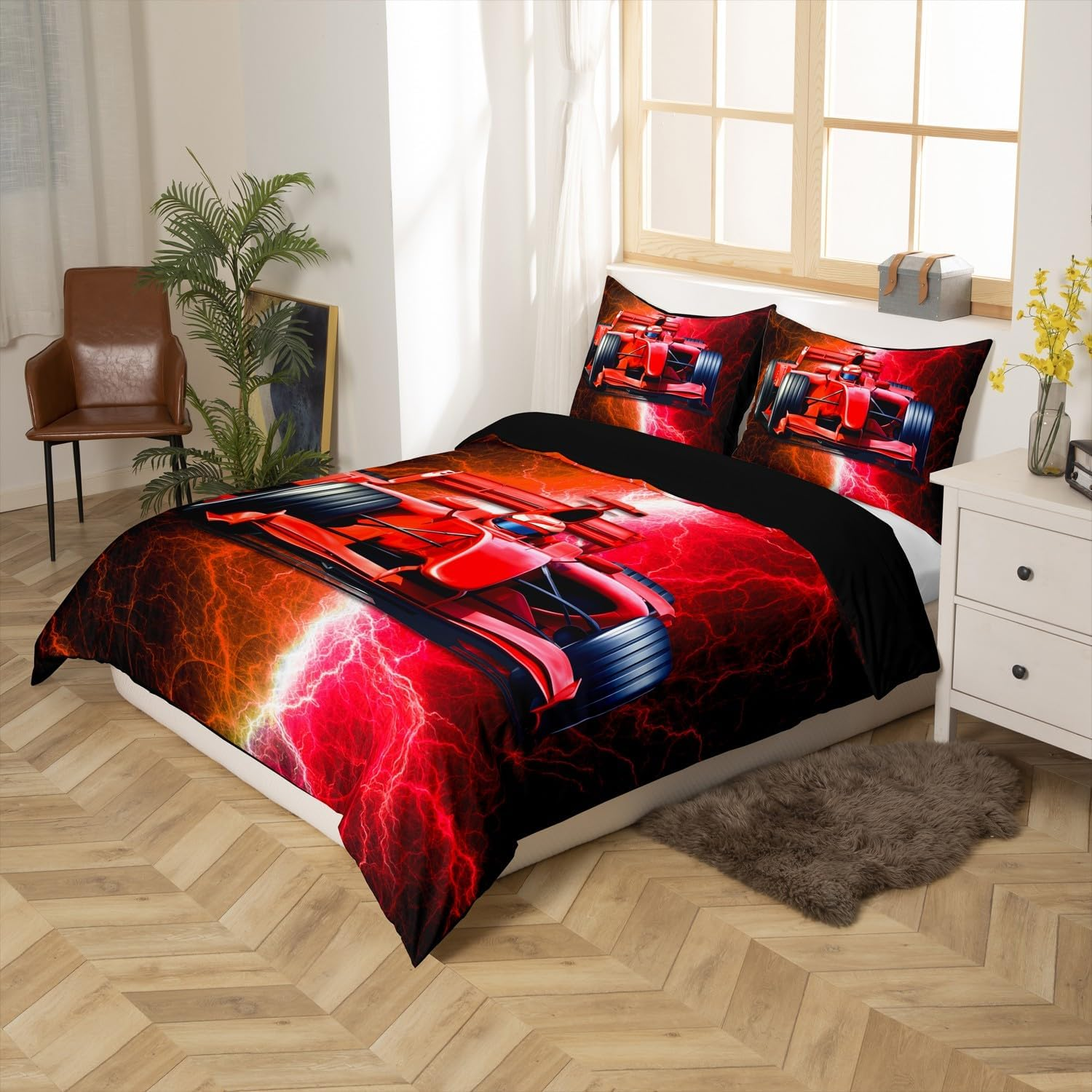 Racing Car Duvet Cover 155 X 220 Cm for Boys, Red Orange Racing Car Bedding Set for Men Women, Racecar Cars Bed Set Lightning Modern Duvet Cover with 1 Pillowcase Bedroom Decor (No Comforter) image number 4