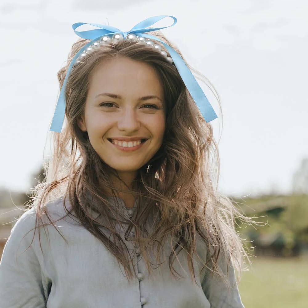 Pearl Bowknot Headband for Women Girls Blue Bow Knotted Hair Band for Women Girls Bridal Hair Decorations with Bows Female Pearl Headpiece - Blue image number 4