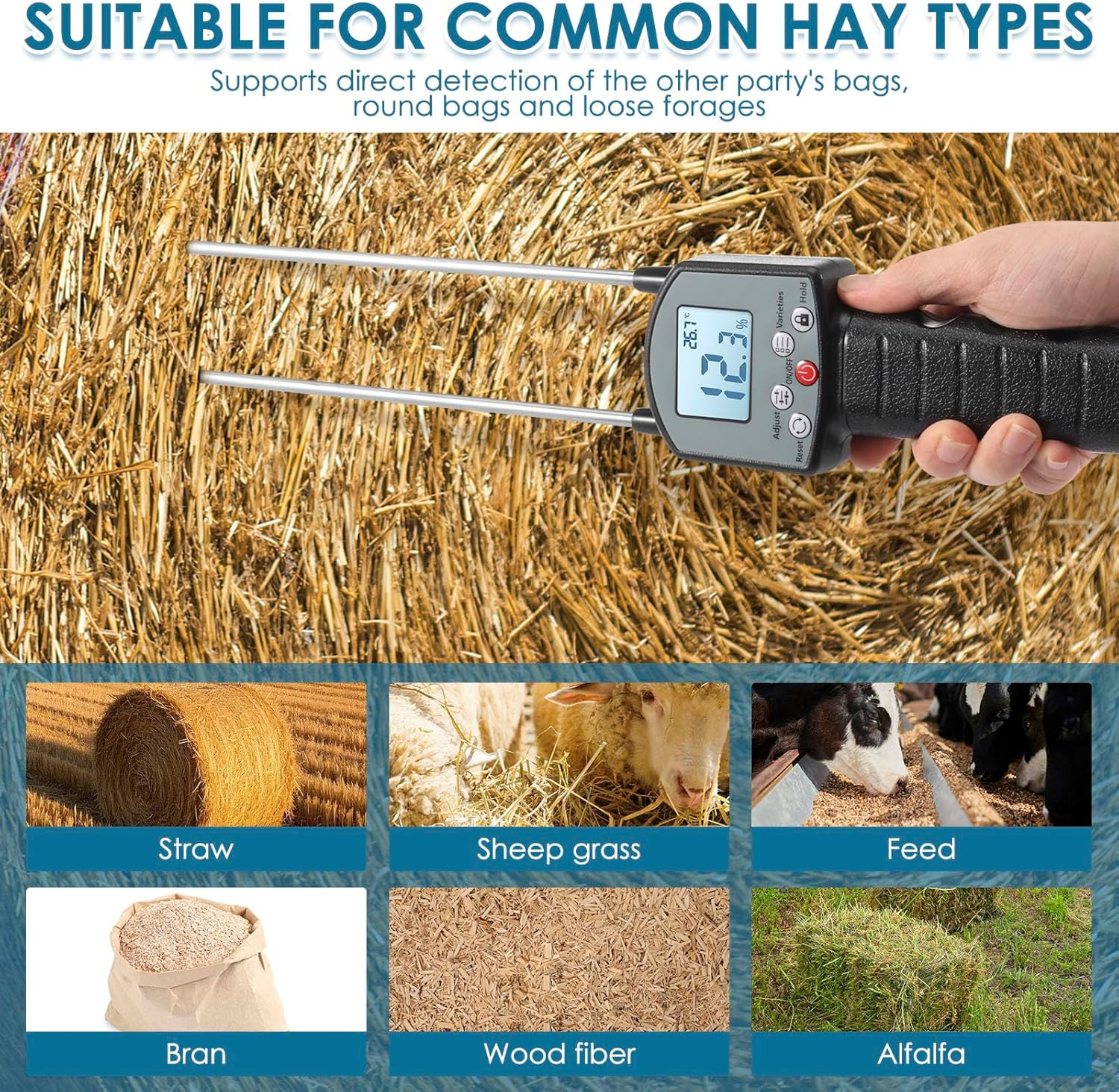 Wood Sawdust Meter, Hay Moisture Tester with Dual Probe, LED Display Hay Moisture Meter Accurate Measurement, Forage Humidity Tester for Alfalfa Forage Orchard Grass image number 1