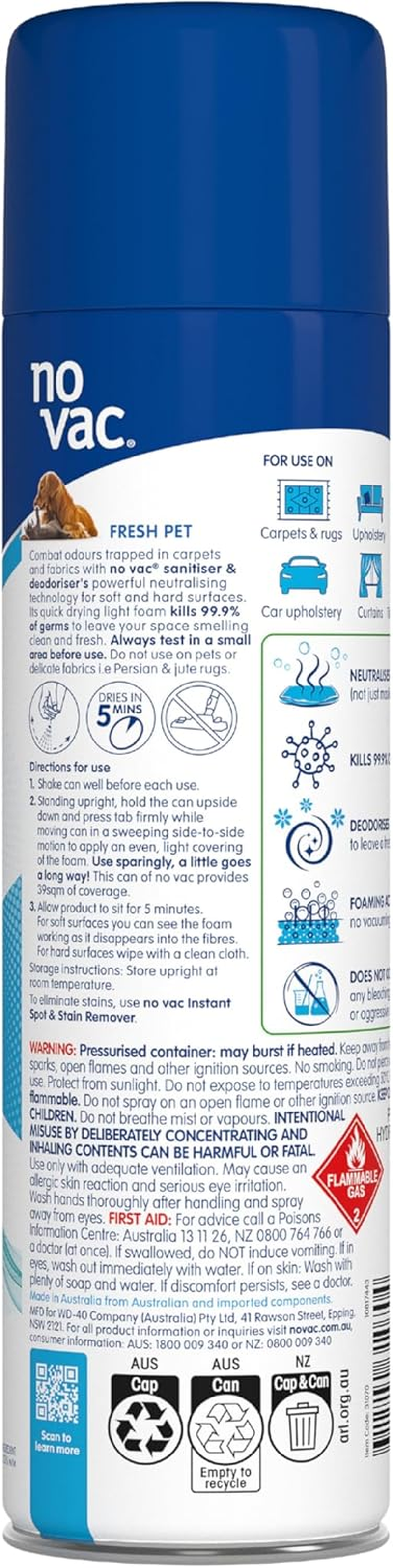 No Vac Fresh Pet Foaming Sanitiser and Deodoriser Spray 418 G image number 1